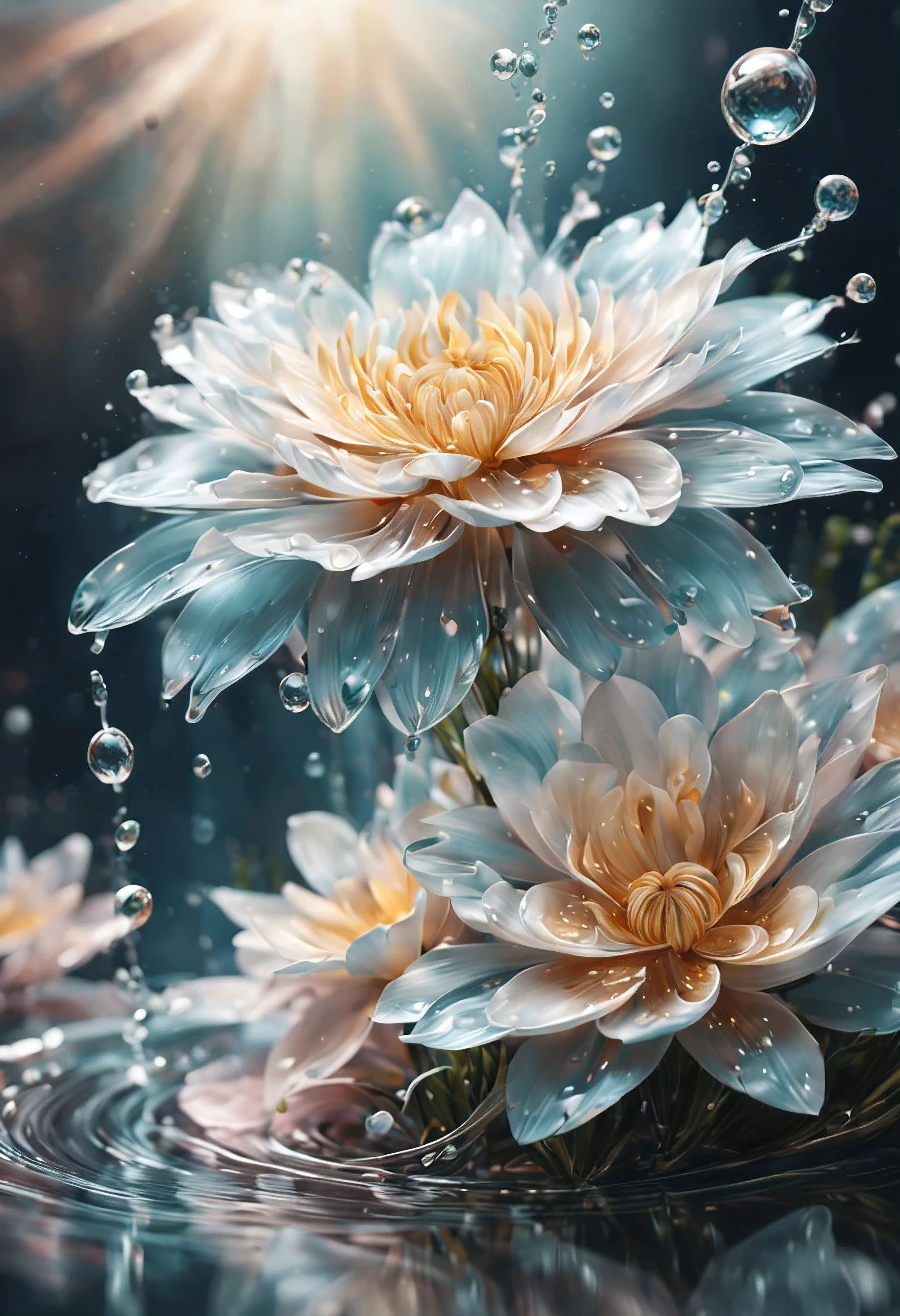 (((intricate detail:1.4))), (((extremely insane detail:1.4))),(((highest quality:1.3))), (((Soft colors 4k highly detailed digital art:1.3))). | Close up of delicate splash of water that forming into magical flower, as splash of water reflect light, each splash detailed and rendered with a masterful gouache technique,surrounded by mysterious atmosphere of light and shadow art, splash of water everywhere, great environment, subtly illuminate,fantasy art behance,surreal, its beauty and strength captured,It gives a majestic aura.