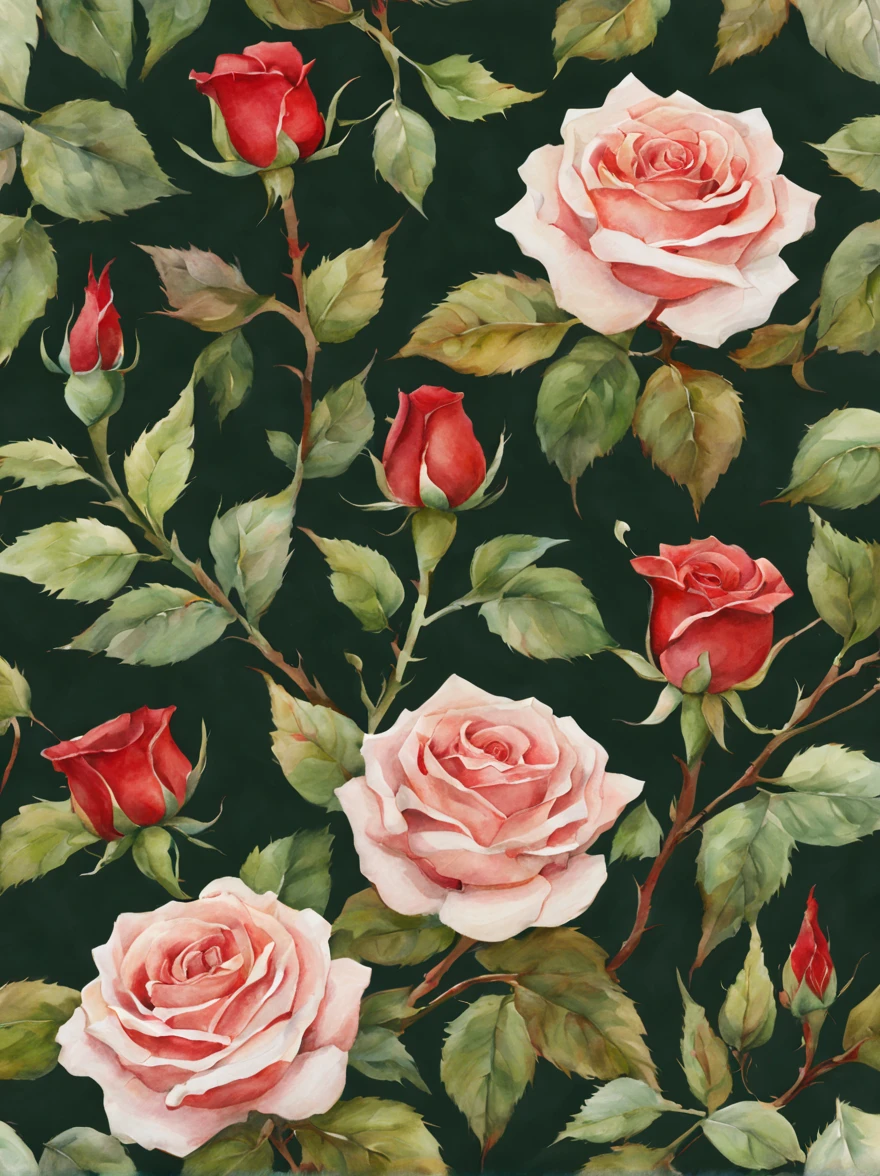 water color painting of roses, thorn, blood, green