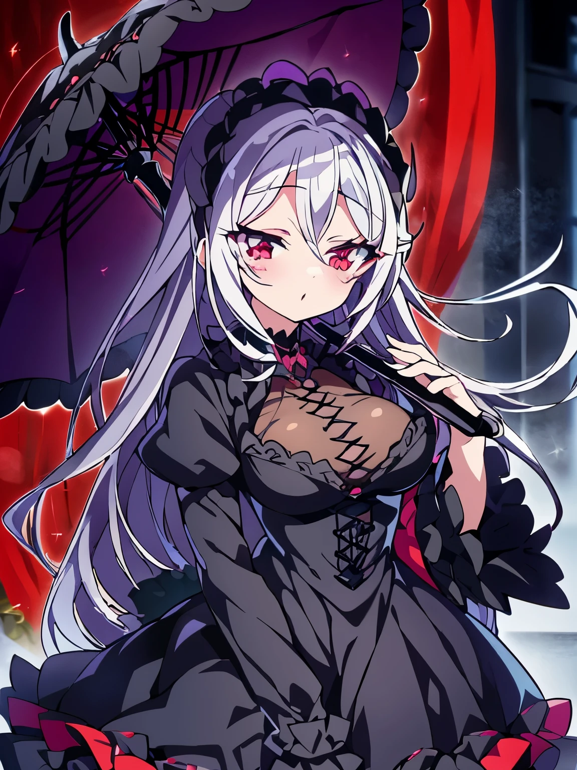 gray hair、red eye、Gothic ta、Two dimensions、anime、comics、Gothic Loliblack clothes、black frilly umbrella、Crow、full body picture、dress、Eyes without highlights、Low - Angle、corrupt world、dark、villain、Yandere、yanndere、Black Rose
