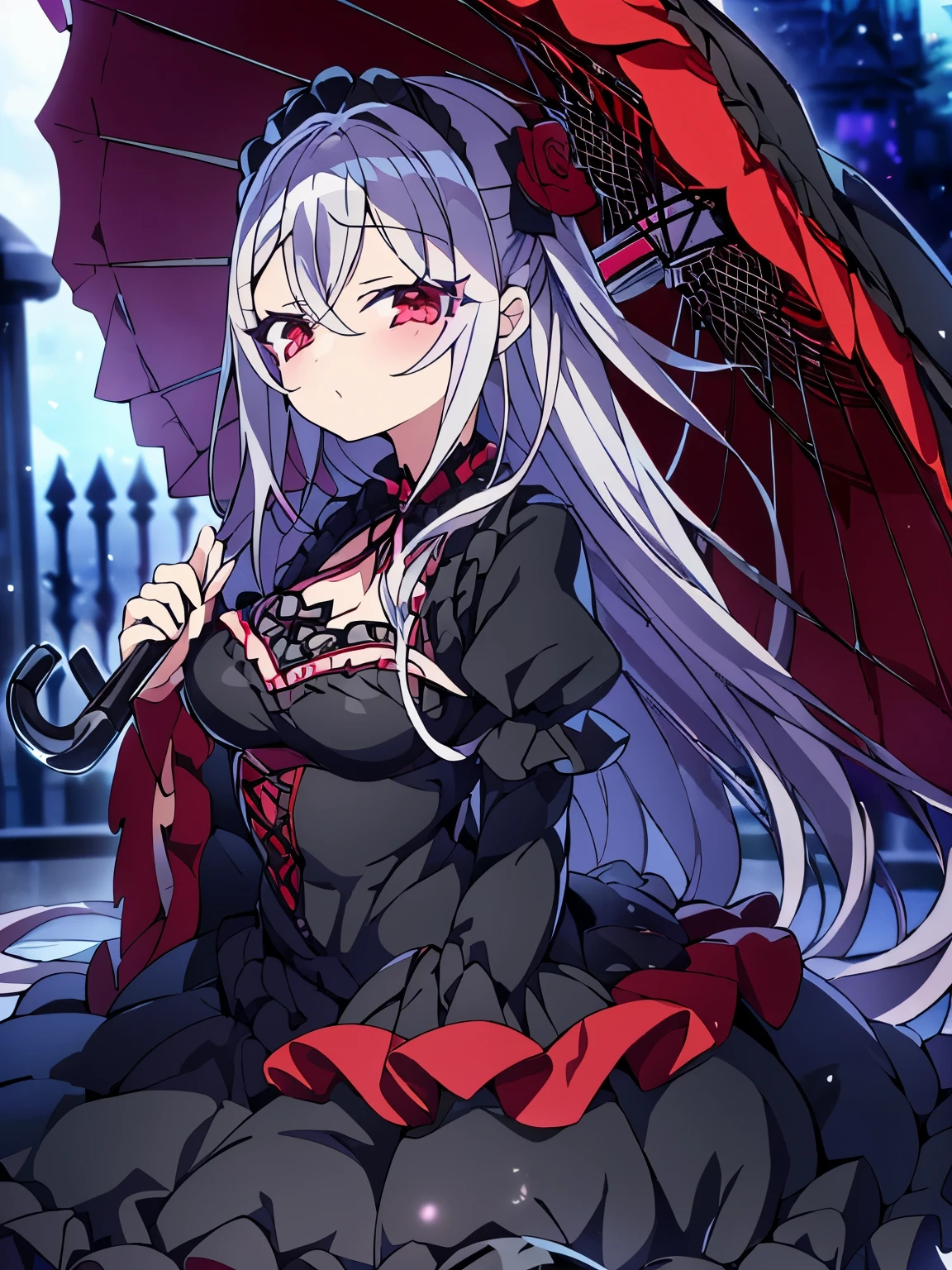 gray hair、red eye、Gothic ta、Two dimensions、anime、comics、Gothic Loliblack clothes、black frilly umbrella、Crow、full body picture、dress、Eyes without highlights、Low - Angle、corrupt world、dark、villain、Yandere、yanndere、Black Rose