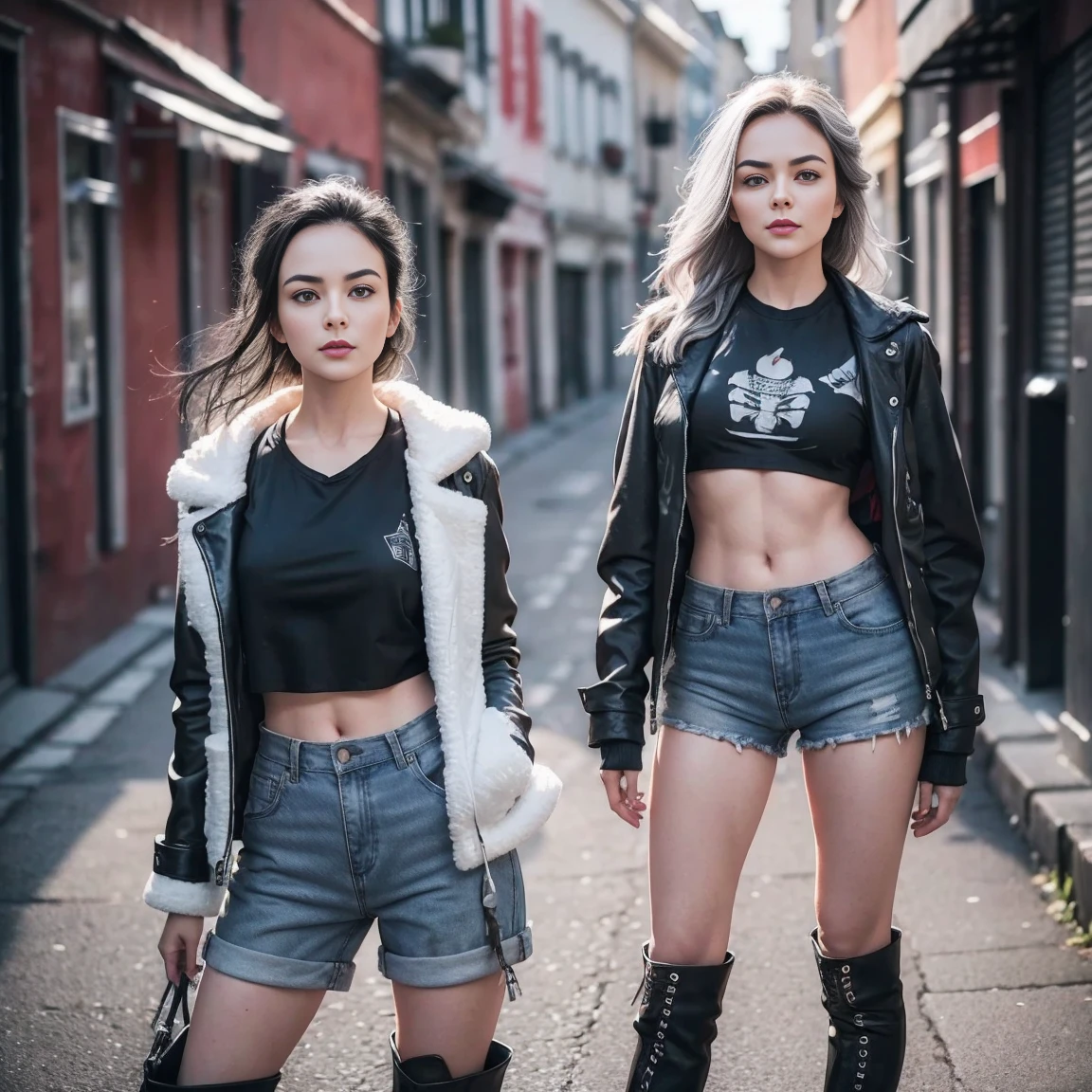 gorgeous cute Austrian girl, (crop top), Steel gray hair loose hair, wears a black top ,black boots, standing on the street, Red fluffy clothes, skinny paint and long jacket , hip hop , hands are style according to photo ,perfectly symmetrical face, realistic detailed skin, vivid colours, HDR, hard shadows, art photography, sharp focus, masterpiece, breathtaking, atmospheric perspective, diffusion, pore correlation, skin imperfections, 80mm Sigma f2, depth of field, intricate natural lighting
