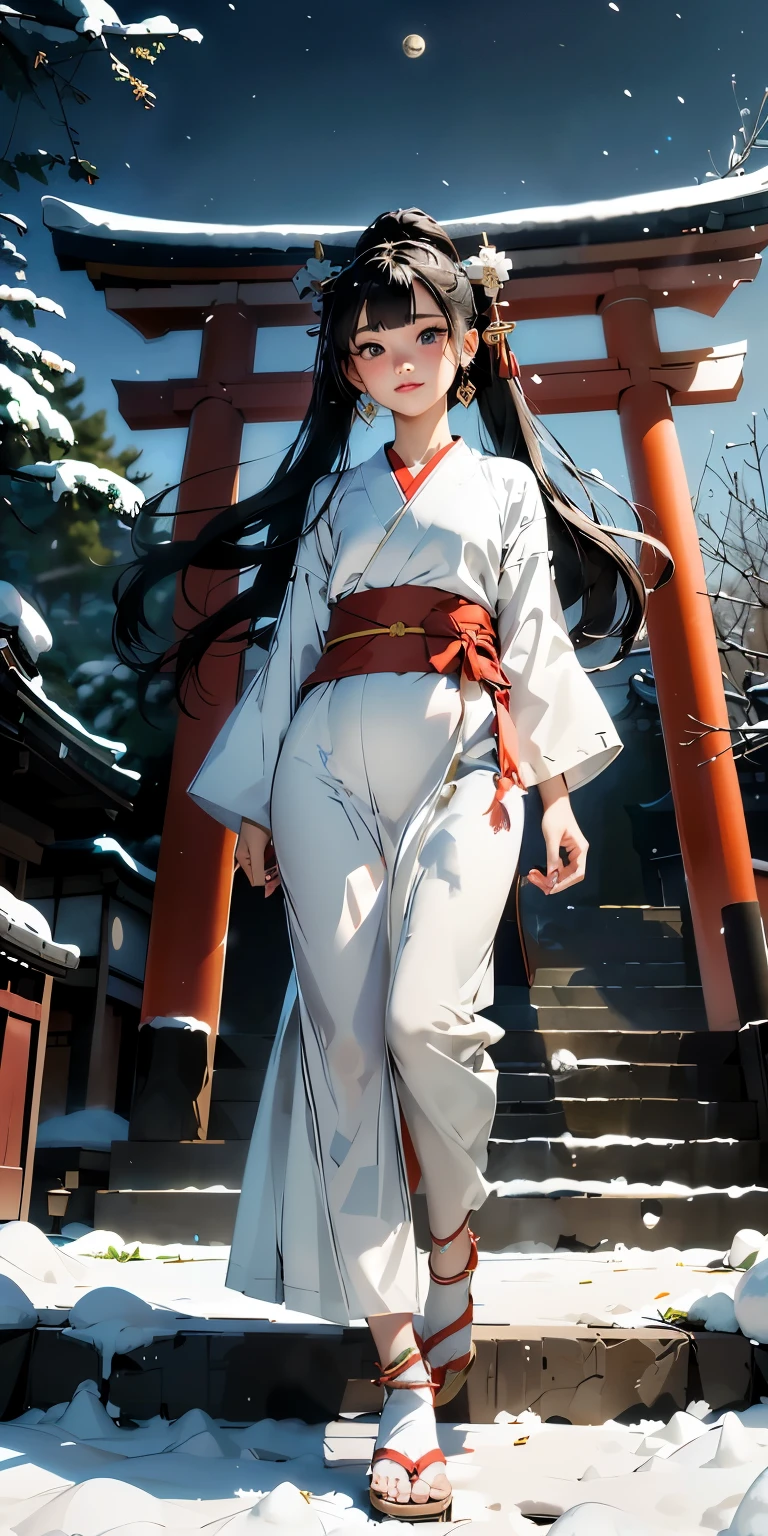 masterpiece、High resolution 8K、NSFW、sharp focus、contrast lighting、fine skin、 ultra high resolution、ultra high resolution、Detailed CG、snow scene at night、moon、moon flare、lanthanum、石のlanthanum、that&#39;that&#39;that&#39;It&#39;s snowing、Former shrine of Japan、temple、Scenery with the main shrine torii gate - Angle、Descend the long stone steps in the pine forest、full body shot、Beautiful woman、beautiful eyes、(detailed face and iace:1 2)、narrow eyes、almond eye、brown eyes、gradation eye、highlight:1.2)、(beautiful black hair、middle、asymmetrical bangs、twin tails)、(Japanese shrine maiden、Red and white priestess costume)、(plump lips、glossy lips、small chest size) 、(oval face : 1.4)、(thin fingered arms、detailed human hand)、half-open smile、teeth visible、long shot