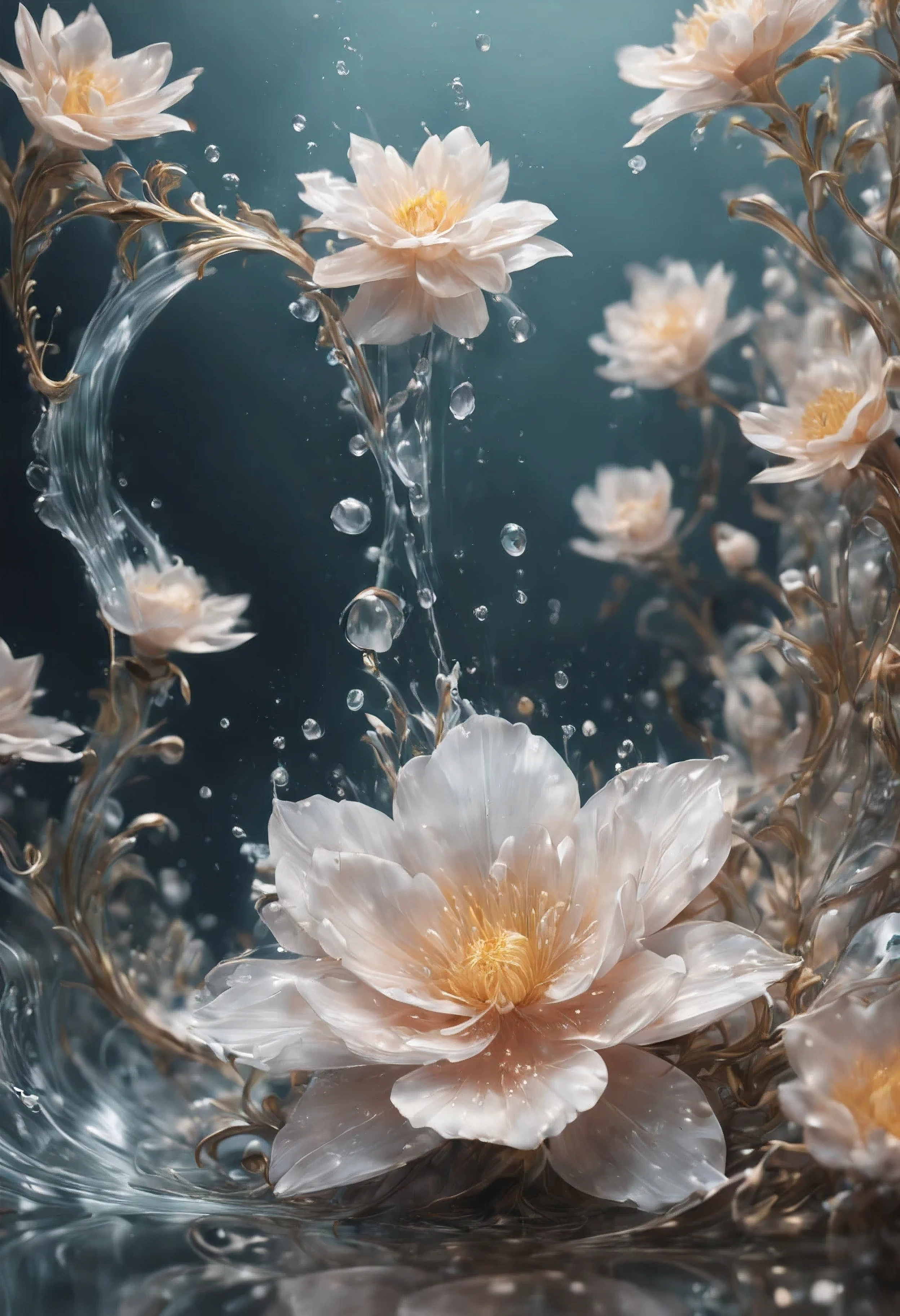 (((intricate detail:1.4))), (((extremely insane detail:1.4))),(((highest quality:1.3))), (((Soft colors 4k highly detailed digital art:1.3))). | Close up of delicate splash of water that forming into magical flower, as splash of water reflect light, each splash detailed and rendered with a masterful gouache technique,surrounded by mysterious atmosphere of light and shadow art, splash of water everywhere, great environment, subtly illuminate,fantasy art behance,surreal, its beauty and strength captured,It gives a majestic aura.