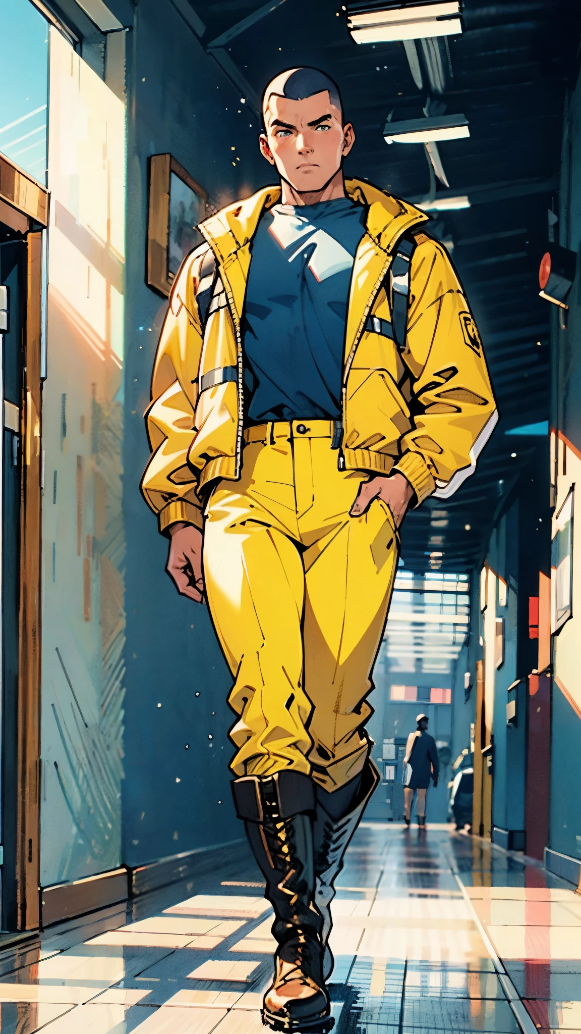 In the backdrop of an ancient fantasy-reality setting, a youth sporting a platinum crew cut displays a piercing gaze and confident demeanor. Adorned in a two-piece fusion outfit, seamlessly blending Western and Eastern influences, he wears a snug dark top paired with a vibrant yellow-blue short jacket. The lower half features loose white utility pants, and his sturdy long boots echo through the corridors of an antiquated architectural landscape. The overall aesthetic captures the essence of a refined and mature anime-inspired  rogue, symmetrical face, extremely detailed eyes and face, high quality eyes, high definition, highres, ultra-fine painting, exquisite and mature, extremely delicate, professional, anatomically correct, creativity, UHD, HDR, 32k, Natural light, cinematic lighting, best shadow, masterpiece-anatomy-perfect, best quality, masterpiece, ultra-detailed