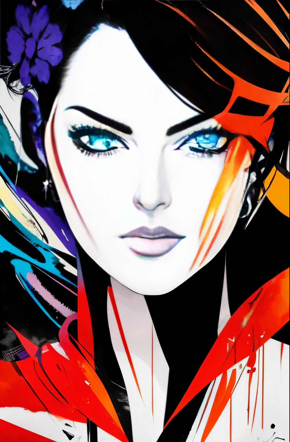 painting of a woman with a black and white face, Sylvia Pelissero watercolors, tumbler, abstract art, Intense watercolor painting, watercolor detailed art, Watercolor Splash, surreal, Avant-garde pop art, Beautiful and expressive paintings, Beautiful artwork illustration, very colorful tones, wonderful, cool beauty, highest quality,official art, women only, sharp outline, best shot, vector art, Written by Sandra Chevrier, Dave McKean、by Richard Avedon、Written by Makiezi Kusiala