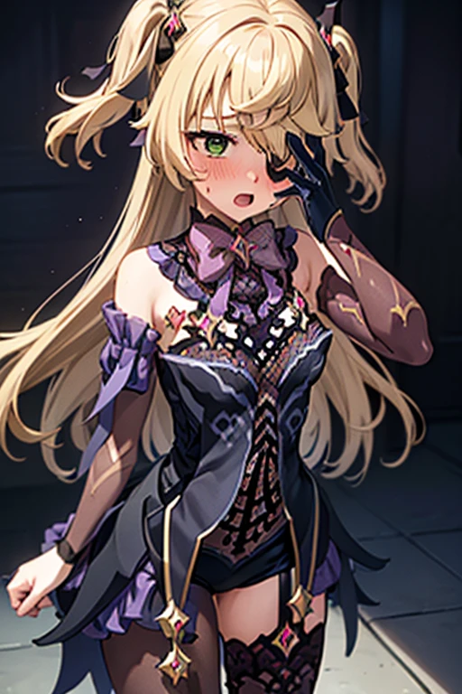 masterpiece, best quality, 1girl, solo, (blush:1.5), (embarrased:1.4) (simple backround, averted gaze, turned head, shocked, thighs and up, level perspective, heavy blushing, open mouth, sweating, horrified, blushing, peaking through fingers, hand covering face