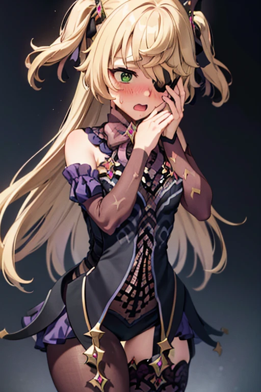 masterpiece, best quality, 1girl, solo, (blush:1.5), (embarrased:1.4) (simple backround, averted gaze, turned head, shocked, thighs and up, level perspective, heavy blushing, open mouth, sweating, horrified, blushing, peaking through fingers, hand covering face