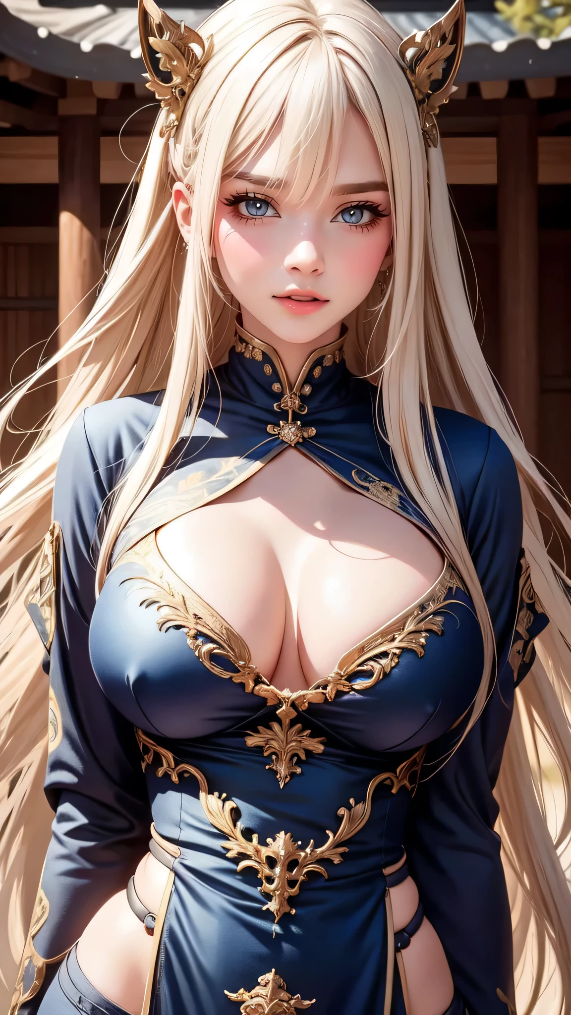 Random Fighting Pose,extreme close up,movie-like scene,fantasy art,best image quality,hyperrealistic portrait,(8K),surreal,最high quality,high quality,High resolution,fine texture,high detail,beautiful details,Detailed,Highly detailed CG,Detailedテクスチャー,realistic facial expression,masterpiece,before,dynamic,bold,1 girl,super dense skin,curve,small,beautiful breasts,big breasts,white skin,pointed chest,erect nipples,(super thin hair),(super soft hair),(ultra straight hair),long flowing bangs,very light coppery amber hair,hair above one eye,Japanese clothes with armor