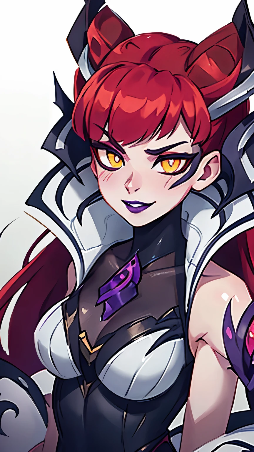 out of frame, Zyra - Crime City Nightmare - League of Legends, HD, white clothes, red hair, blush, yellow eyes, dilated pupils, eye reflection, high detail, depth of field, UHD, retina, masterpiece, ccurate, anatomically correct, textured skin, super detail, high details, high quality, award winning, best quality, highres, 1080P, HD, 4K, purple lips, evil smile