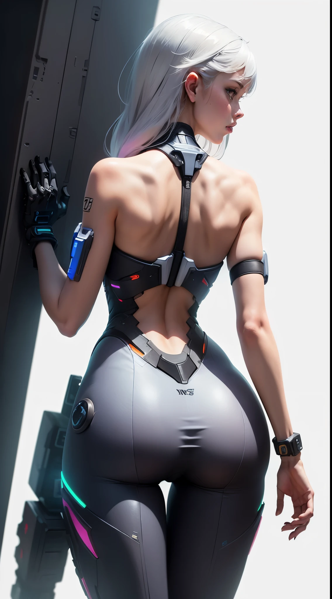 (((Young White Woman))), ((Best Quality)), ((Masterpiece)), (Detail: 1.4), 3D, A Beautiful Cyberpunk Woman with Simon Bisley-style micro thong, Genesis evangelion neon style clothing, 2-piece clothing, Long silver hair, arm tatoo, cybernetic hands, (((cyborg girl, transformer girl, mech girl, cyberpunk girl, gundam girl))), pastel, Centered, scale to fit the dimensions, nffsw (High dynamic range),Ray tracing,NVIDIA RTX,Hyper-Resolution,Unreal 5,Subsurface Dispersion, PBR Texture, Post-processing, Anisotropy Filtering, depth of fields, Maximum clarity and sharpness, Multilayer textures, Albedo and specular maps, Surface Shading, accurate simulation of light and material interactions, Perfect proportions, Octane Render, Two-tone lighting, Wide aperture, Low ISO, White Balance, thirds rule, 8K Raw, Crysisnanosuit,loraeyes,nijistyle,pantyhose, freckles, nsfw, sexual pose , round ass , (((from behind view))) , High detailed, 300dpi, ((((white background))), (((flirt))), Blue eyes