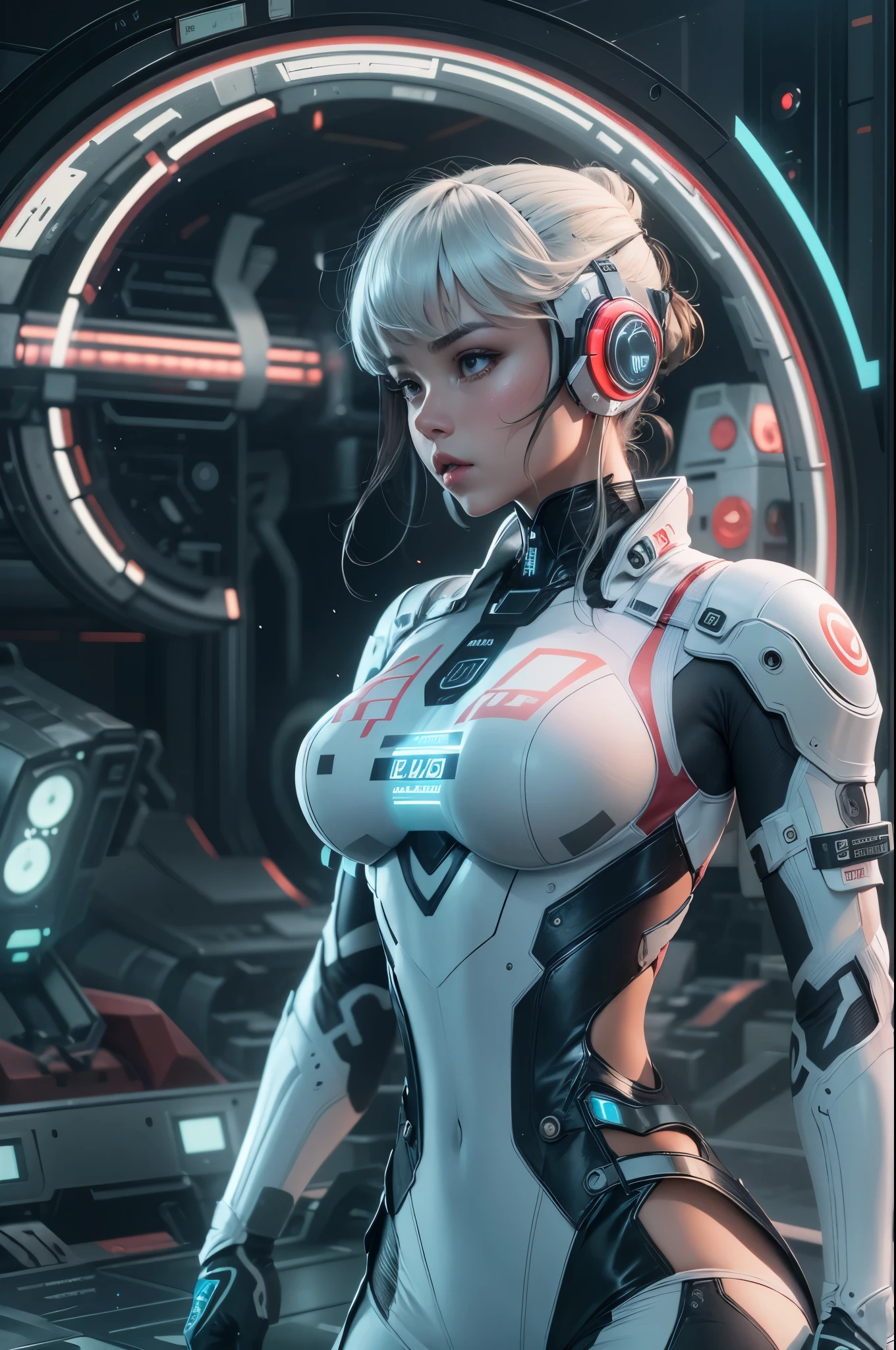 ((inside cyberpunk spaceship)), abstract beauty, approaching perfection, delicate face, dynamic, moonlight, highly detailed, digital painting, artstation, concept art, smooth, sharp focus, illustration, green hair, huge breast, wearing headphones, fat ass, cleavage cutout, breast cutout, exposed breasts, upper body, Her piercing blue eyes locked onto the viewer, revealing her voluptuous figure clad in a tiny astronaut custume that hugged every curve