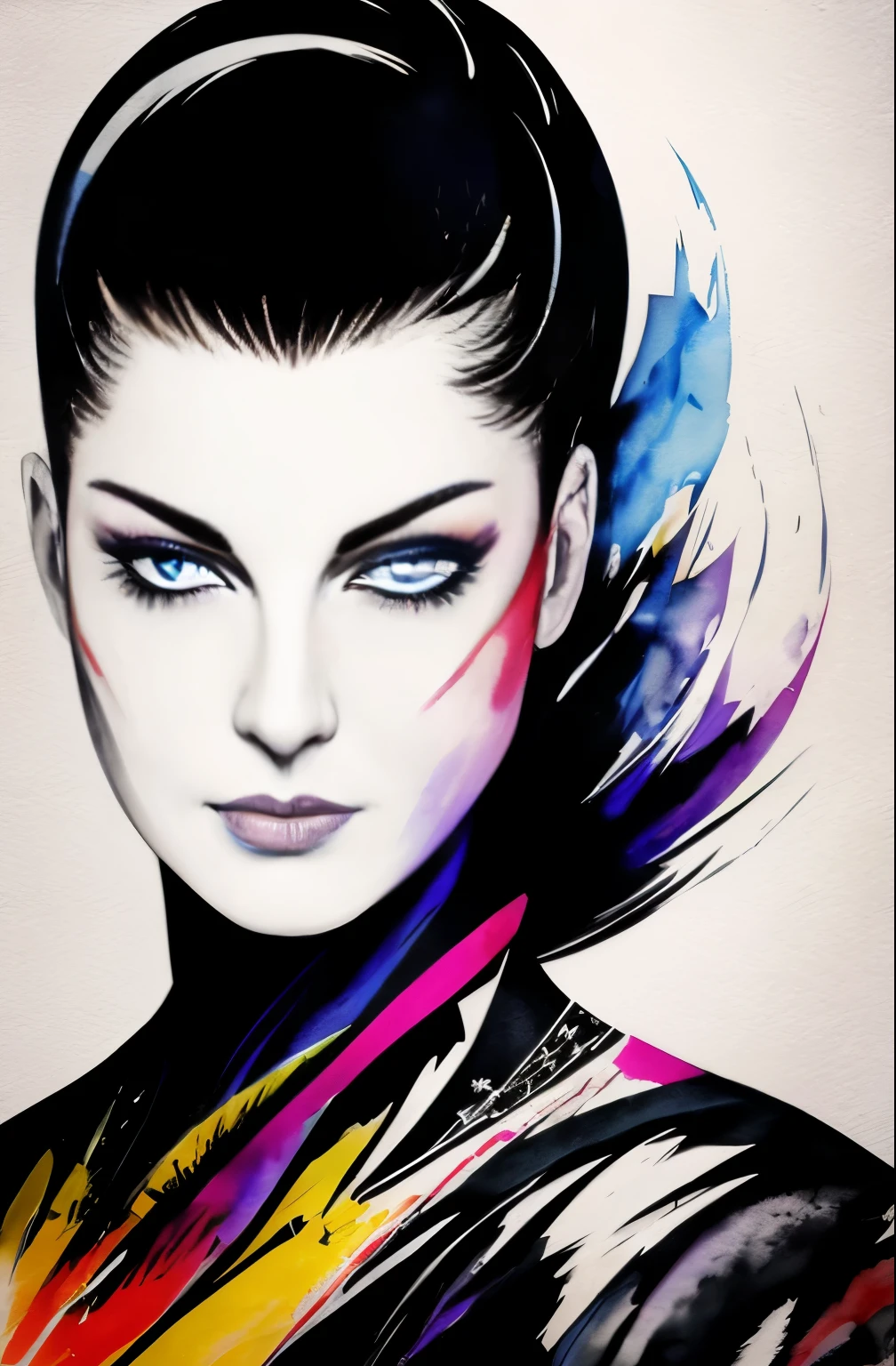 painting of a woman with a black and white face, Sylvia Pelissero watercolors, tumbler, abstract art, Intense watercolor painting, watercolor detailed art, Watercolor Splash, surreal, Avant-garde pop art, Beautiful and expressive paintings, Beautiful artwork illustration, very colorful tones, wonderful, cool beauty, highest quality,official art, women only, sharp outline, best shot, vector art, Written by Sandra Chevrier, Dave McKean、by Richard Avedon、Written by Makiezi Kusiala