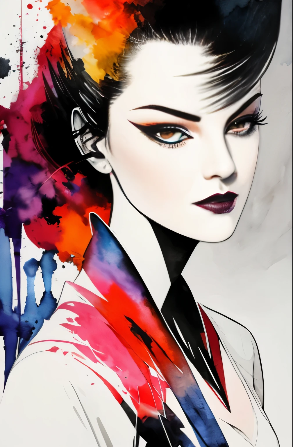 painting of a woman with a black and white face, Sylvia Pelissero watercolors, tumbler, abstract art, Intense watercolor painting, watercolor detailed art, Watercolor Splash, surreal, Avant-garde pop art, Beautiful and expressive paintings, Beautiful artwork illustration, very colorful tones, wonderful, cool beauty, highest quality,official art, women only, sharp outline, best shot, vector art, Written by Sandra Chevrier, Dave McKean、by Richard Avedon、Written by Makiezi Kusiala