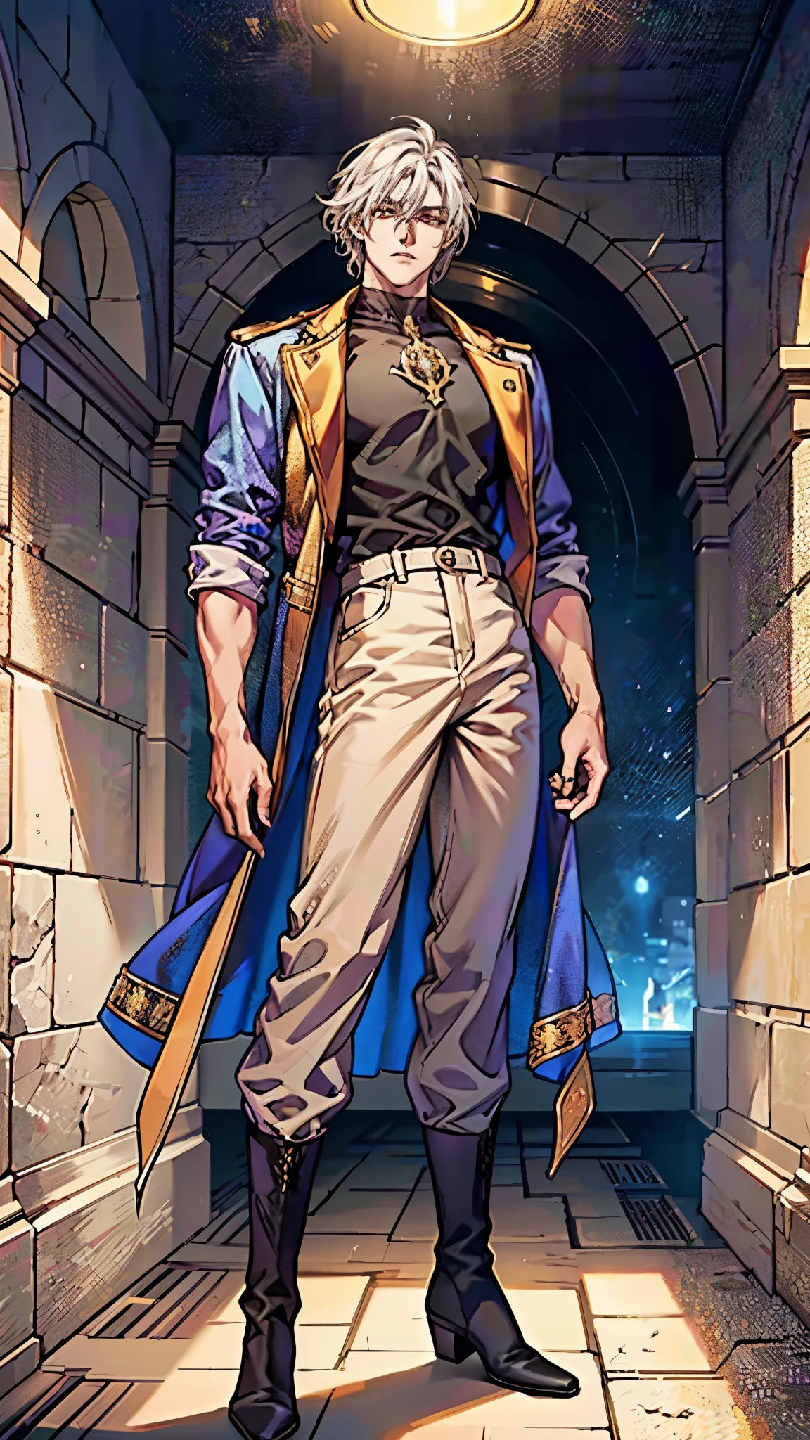 In the backdrop of an ancient fantasy-reality setting, a youth sporting a platinum crew cut displays a piercing gaze and confident demeanor. Adorned in a two-piece fusion outfit, seamlessly blending Western and Eastern influences, he wears a snug dark top paired with a vibrant yellow-blue short jacket. The lower half features loose white utility pants, and his sturdy long boots echo through the corridors of an antiquated architectural landscape. The overall aesthetic captures the essence of a refined and mature anime-inspired rogue, symmetrical face, extremely detailed eyes and face, high quality eyes, high definition, highres, ultra-fine painting, exquisite and mature, extremely delicate, professional, anatomically correct, creativity, UHD, HDR, 32k, Natural light, cinematic lighting, best shadow, masterpiece-anatomy-perfect, best quality, masterpiece, ultra-detailed