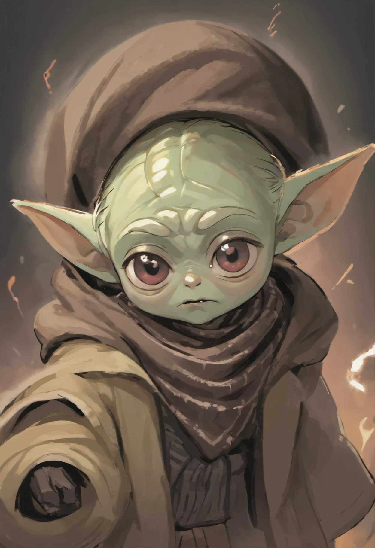 Close-up of Baby Yoda wearing a scarf., greta thunberg as Gollum, Pouting gaze :: octane number, portrait of an elf, photo of demon Gollum, Gollum, donald trump as Gollum, Portrait of a Goblin, Yoda Fantasy Art Portrait, charming digital painting, portrait of a gnome called eldon, Cheburashka, девушка боксерв экстравагантном костюме