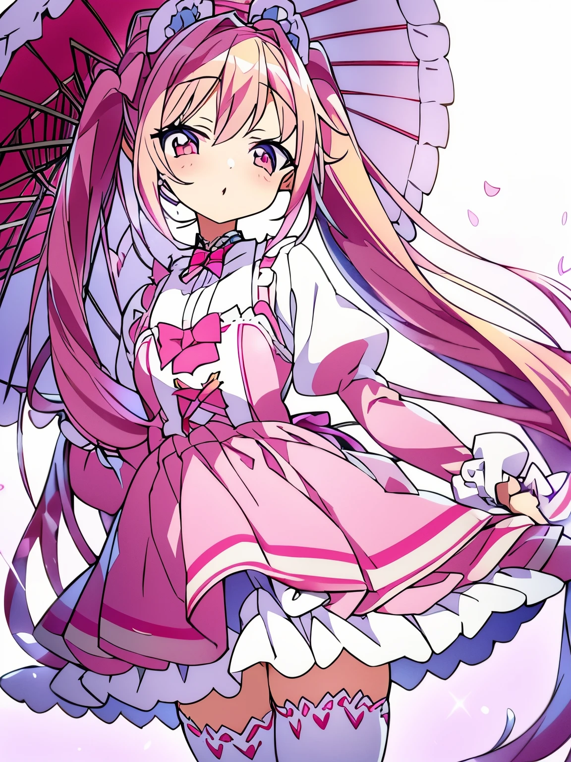 pink hair、Rabbitの女の子、twin tails、lolita服、白いlolita服、lolita、Rabbit、White Rose、white background、whole body、Standing picture、White umbrella、moe