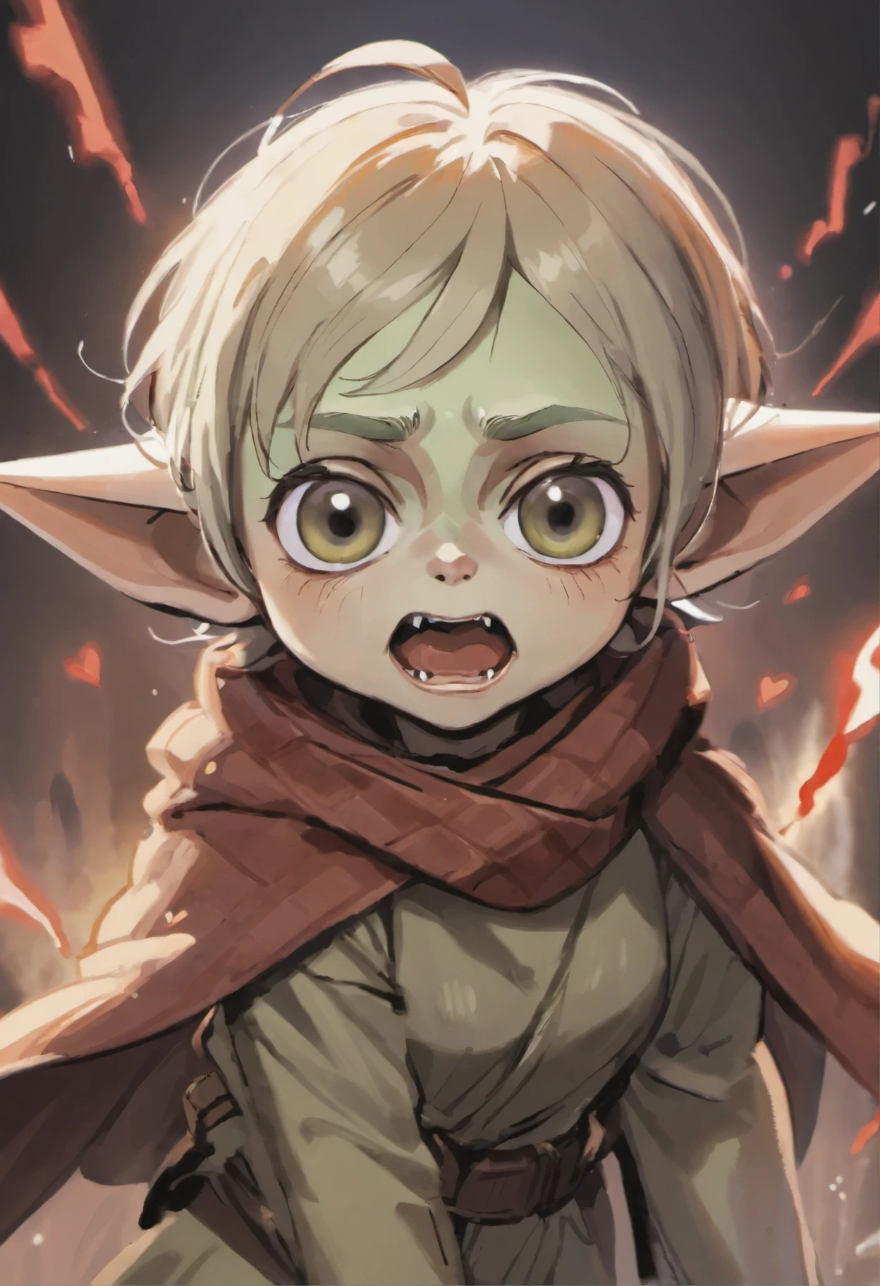 Close-up of Baby Yoda wearing a scarf., greta thunberg as Gollum, Pouting gaze :: octane number, portrait of an elf, photo of demon Gollum, Gollum, donald trump as Gollum, Portrait of a Goblin, Yoda Fantasy Art Portrait, charming digital painting, portrait of a gnome called eldon, Cheburashka, Impulse, cardiac impulse, tachycardia, heart beat, impi