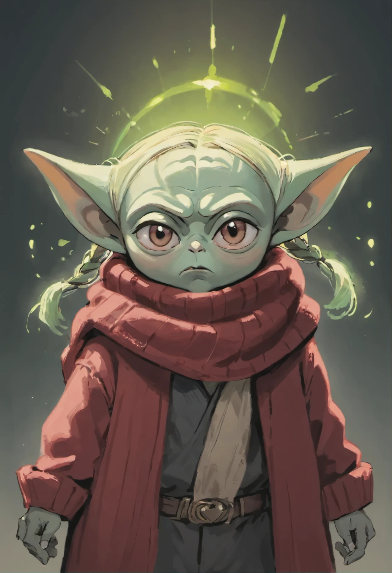 Close-up of Baby Yoda wearing a scarf., greta thunberg as Gollum, Pouting gaze :: octane number, portrait of an elf, photo of demon Gollum, Gollum, donald trump as Gollum, Portrait of a Goblin, Yoda Fantasy Art Portrait, charming digital painting, portrait of a gnome called eldon, Cheburashka, Impulse, cardiac impulse, tachycardia, heart beat, impi