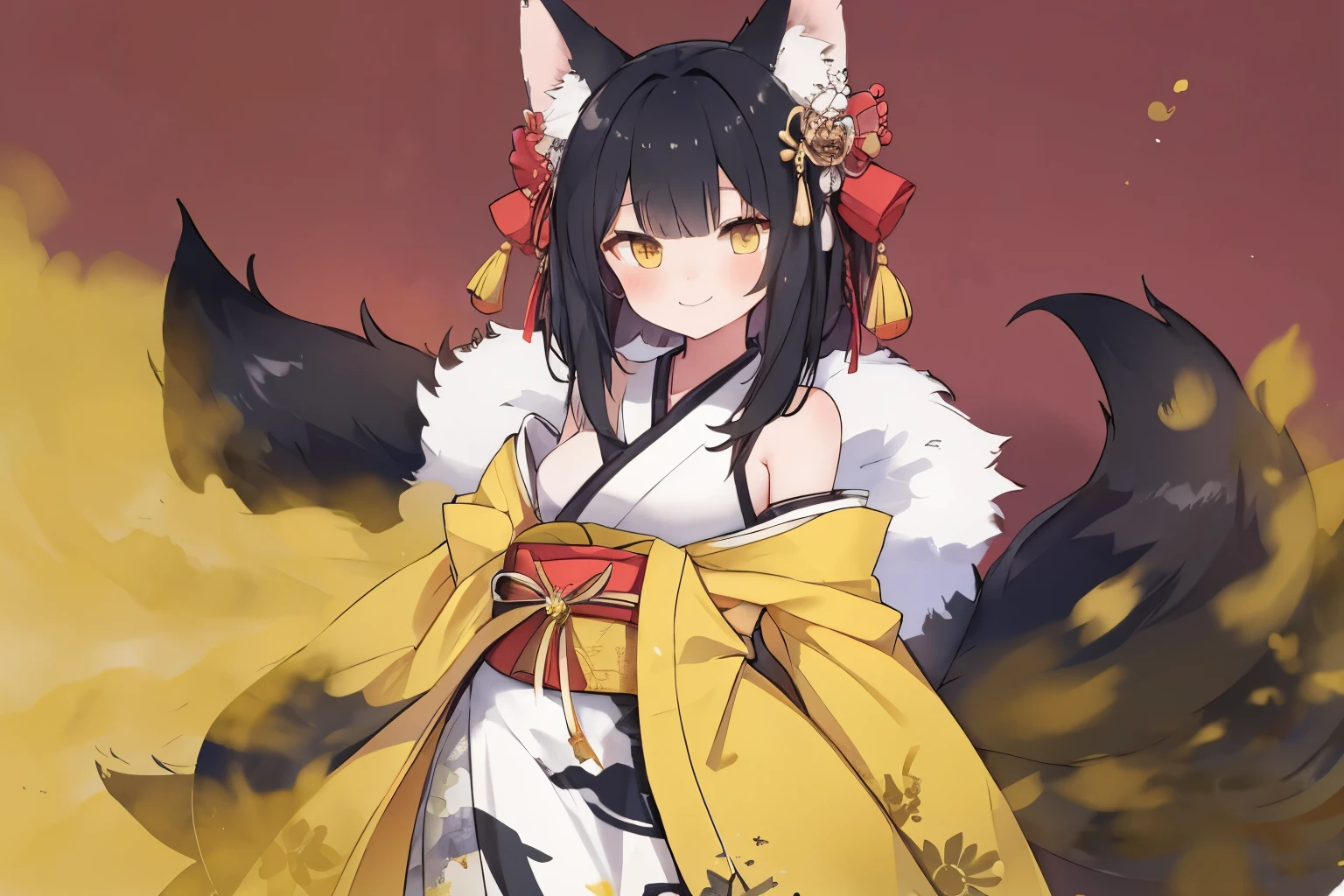 young girl, long black hair, fox ears, yellow eyes, fox tail, opened kimono, open shoulders, open chest, smile, masterpiece, high quality