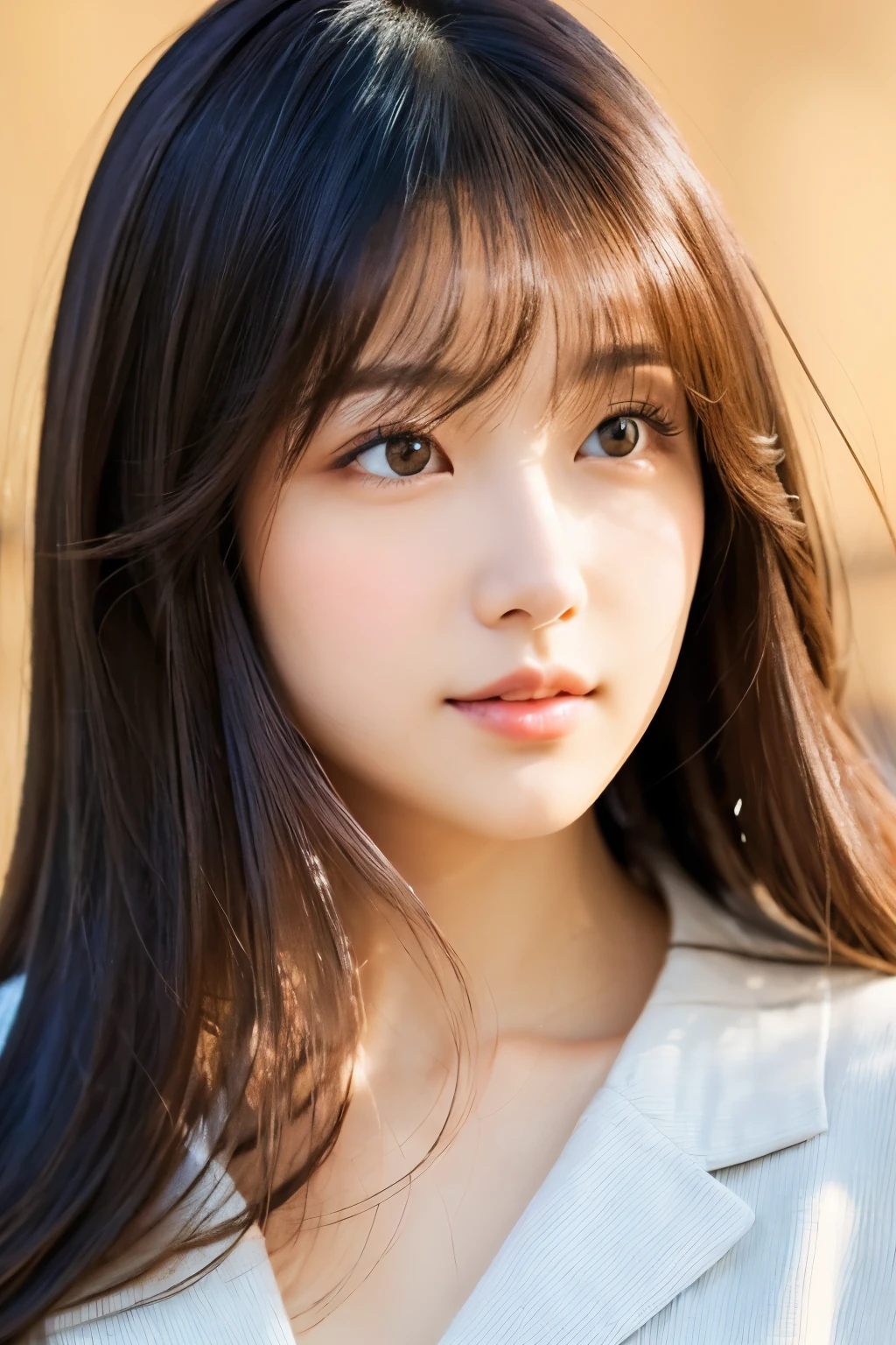 Portrait of a beautiful Japanese woman around 25 years old。her hair is long and straight、Eyes are large and expressive。The clothes are simple and elegant。The background is an abstract pattern、highlight her features。Lighting is soft、It gently illuminates her beauty。
