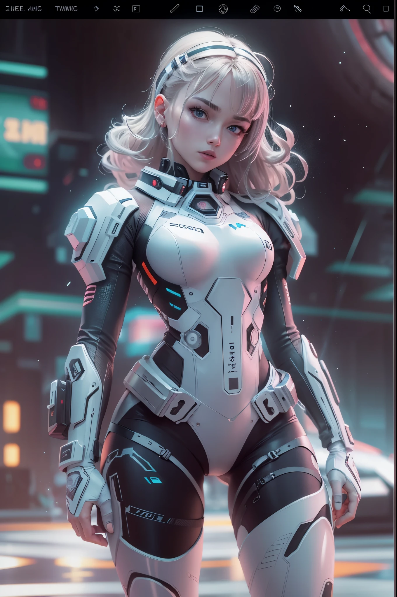1girl,Future technology clothing,(White latex tights:1.3),(Luminous array lights on clothes),Soft light,Mechanical belt,(high-tech weapon:1.3),Future technology hair bundle,Android,Super Soldier,dynamic poses,shooting,Holographic screen background,Super stunning graphics,super wide shot,best quality,masterpiece,8k,Unreal 5 rendering,High chiaroscuro,