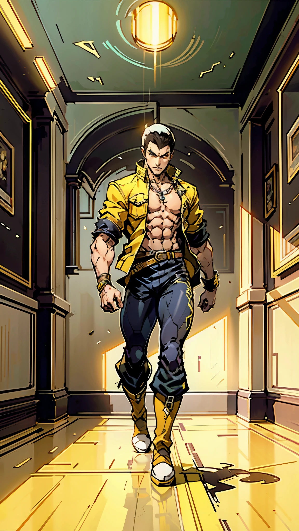 In the backdrop of an ancient fantasy-reality setting, a youth sporting a platinum crew cut displays a piercing gaze and confident demeanor. Adorned in a two-piece fusion outfit, seamlessly blending Western and Eastern influences, he wears a snug dark top paired with a vibrant yellow-blue short jacket. The lower half features loose white utility pants, and his sturdy long boots echo through the corridors of an antiquated architectural landscape. The overall aesthetic captures the essence of a refined and mature anime-inspired rogue, symmetrical face, extremely detailed eyes and face, high quality eyes, high definition, highres, ultra-fine painting, exquisite and mature, extremely delicate, professional, anatomically correct, creativity, UHD, HDR, 32k, Natural light, cinematic lighting, best shadow, masterpiece-anatomy-perfect, best quality, masterpiece, ultra-detailed
