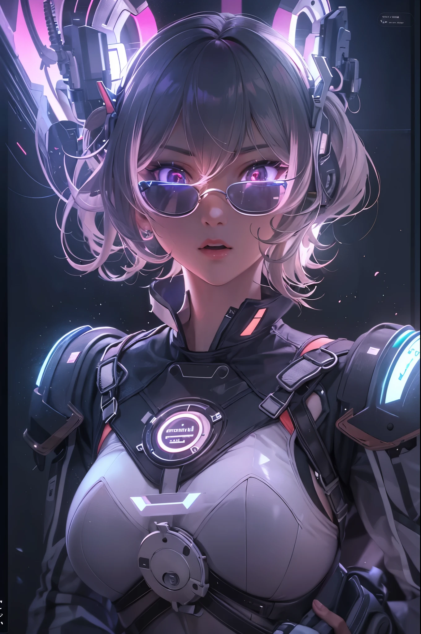 1girl,Future technology clothing，（White latex tights：1.3），（Luminous array lights on clothes），Soft light，Mechanical belt，（high-tech weapon：1.3），Future technology hair bundle，Android，Super Soldier，dynamic poses，shooting，Holographic screen background，Super stunning graphics，super wide shot，best quality，masterpiece，8k，Unreal 5 rendering，High chiaroscuro，