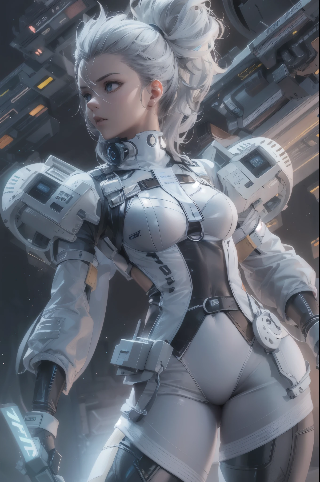 1girl,Future technology clothing,(White latex tights:1.3),(Luminous array lights on clothes),Soft light,Mechanical belt,(high-tech weapon:1.3),Future technology hair bundle,Android,Super Soldier,dynamic poses,shooting,Holographic screen background,Super stunning graphics,super wide shot,best quality,masterpiece,8k,Unreal 5 rendering,High chiaroscuro,