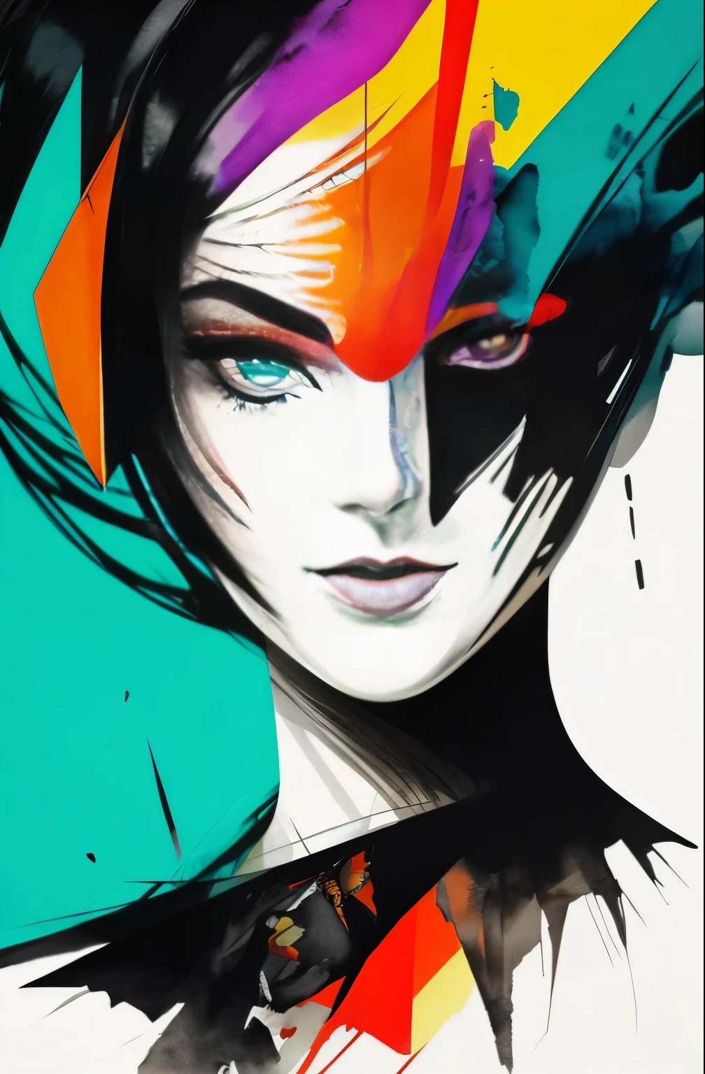 painting of a woman with a black and white face, Sylvia Pelissero watercolors, tumbler, abstract art, Intense watercolor painting, watercolor detailed art, Watercolor Splash, surreal, Avant-garde pop art, Beautiful and expressive paintings, Beautiful artwork illustration, very colorful tones, wonderful, cool beauty, highest quality,official art, women only, sharp outline, best shot, vector art, Written by Sandra Chevrier, Dave McKean、by Richard Avedon、Written by Makiezi Kusiala