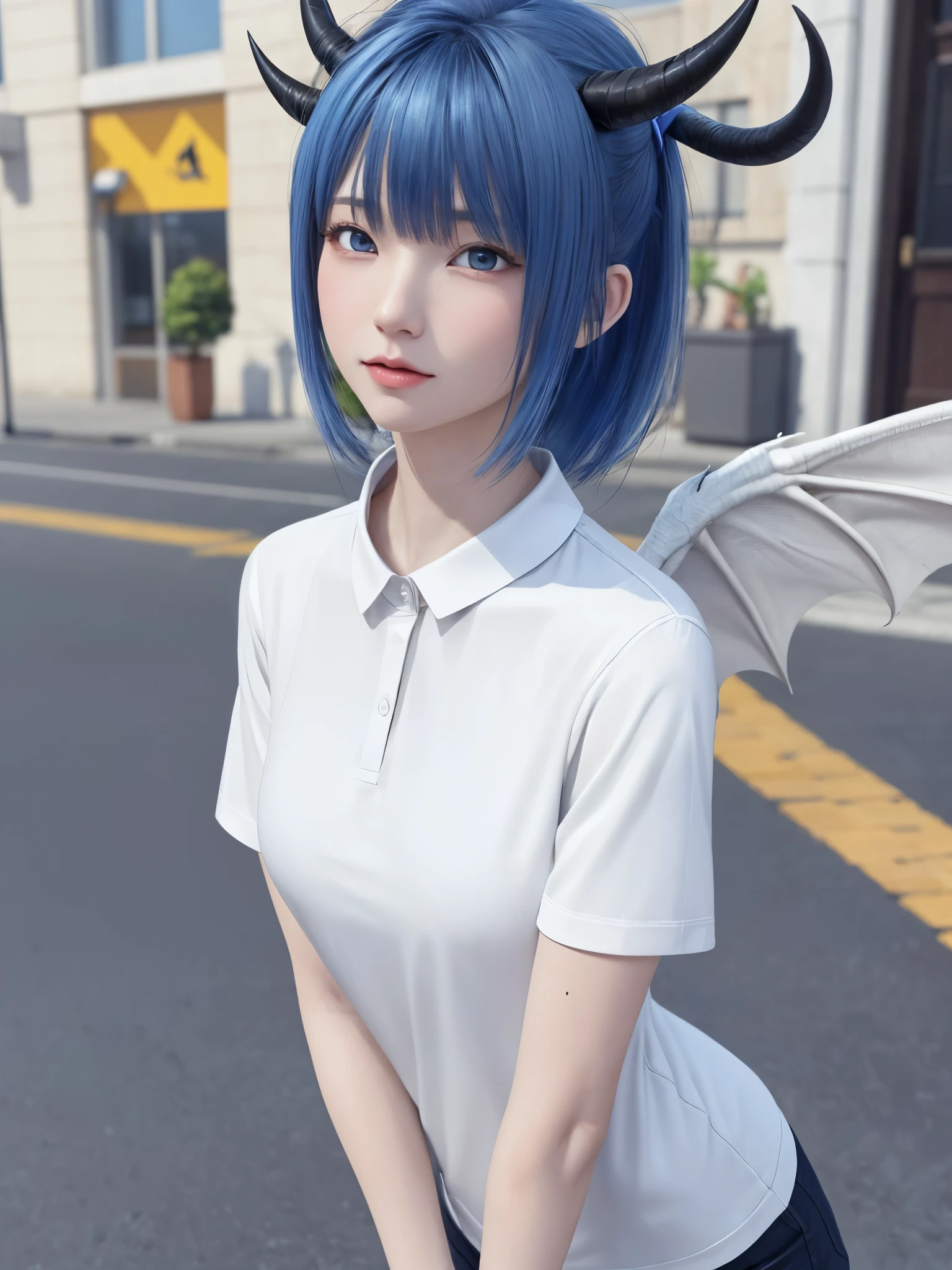 Anime girl with blue hair and horns on the street, 3D Realistic Anime, 2. 5d cgi anime fantasy artwork, anime style 3d, anime style. 8K, 4k anime style, Realistic anime in 3D style, deviantart artstation cgscosiety, digital anime art, Gwise Style Art Art, detailed digital anime art, white shirt, Dragon Wings