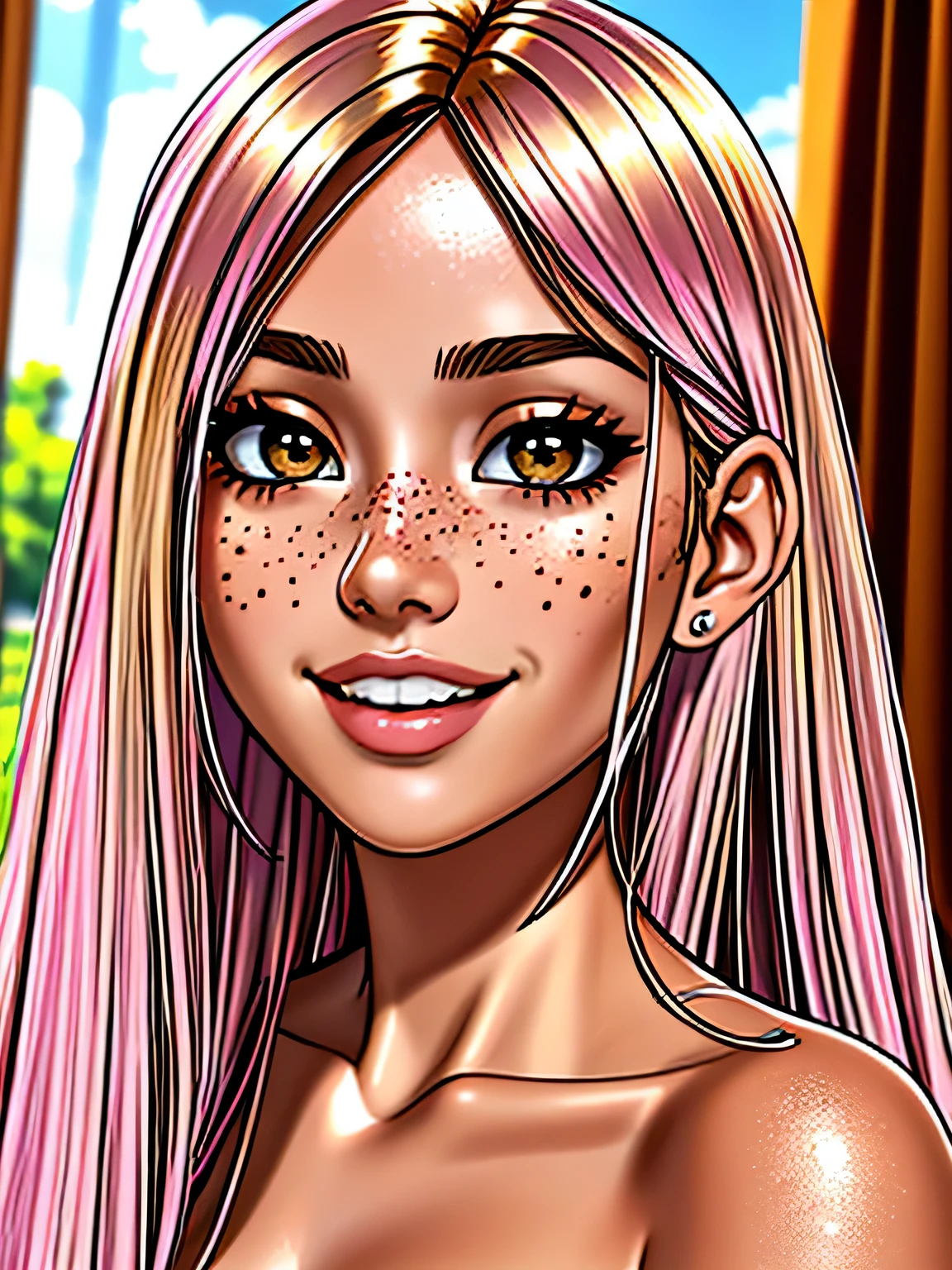 (masterpiece), best quality, high res, expressive eyes, 1girl, looking at viewer, Female, perfect face, beautiful, petite, blonde hair, pink highlights, pink tips, shoulder length hair, curtain bangs, sun kissed skin, olive skin tone, brown eyes, freckles, slender, smiling with teeth, 
