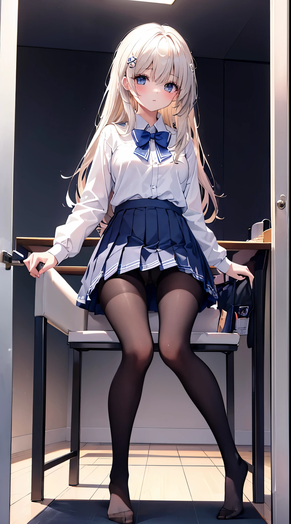 finest, masterpiece, High resolution, (whole body), front, symmetry, Mature Schoolgirl, alone, (whole body from head to toe), small breasts, long hair, slightly messy hair, (black tights), ( (black pantyhose), black pantyhose, composition show me your white panties, slender beautiful foot, very beautiful 17 year old girl (not wearing shoes) foot), blush, shy big eyes, messy hair, looking at camera, show me your white panties, White ruffled lingerie, high school uniform blazer, high school uniform white blouse, High school uniform with blue ribbon, High school uniform with short plaid pattern and navy pleated skirt