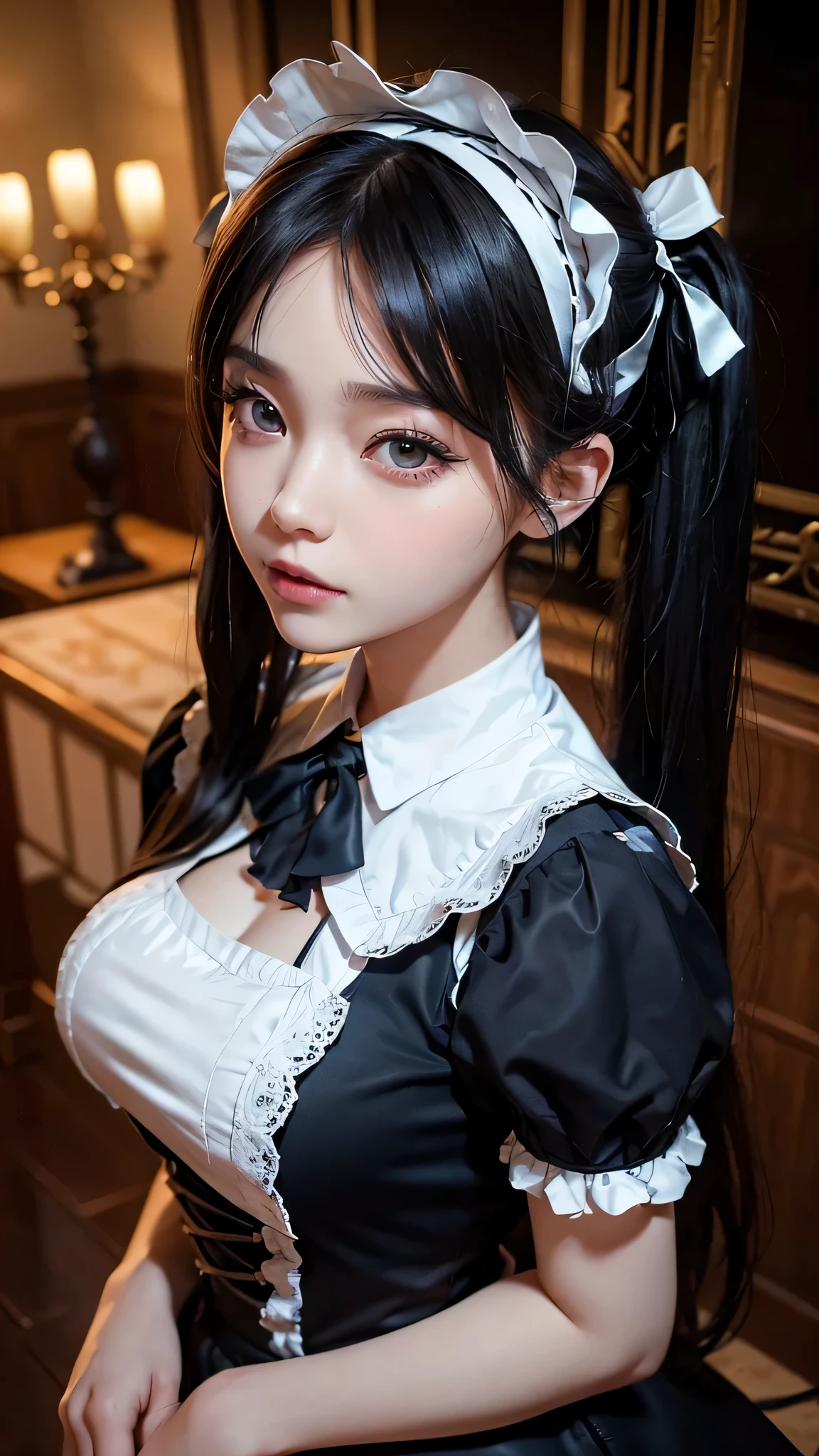 ((top-quality、in 8K、masterpiece:1.3, Photorealsitic:1.4, underground room, Realistic human skin)), standing, full body, Japanese high school girl, 1 female, A dark-haired, With bangs, Medium-sized breasts, ((Gothic ta, maid clothes, twintails hairstyle, Black eyes)), Highly detailed facial and skin texture, A detailed eye, Detailed lips、Highly detailed hair depiction, Natural makeup:1.2