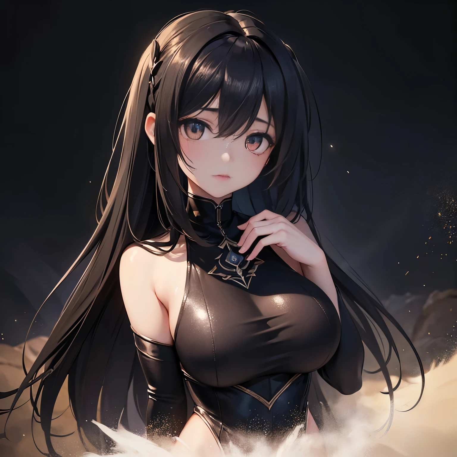 (masterpiece,best quality,ultra-detailed),1girl, large breast, glowing black eyes,long hair,(((dust beauty girl))),beautiful and detailed face, detailed eyes,night,dust particles in the air,((black theme)),((((dust theme)))),