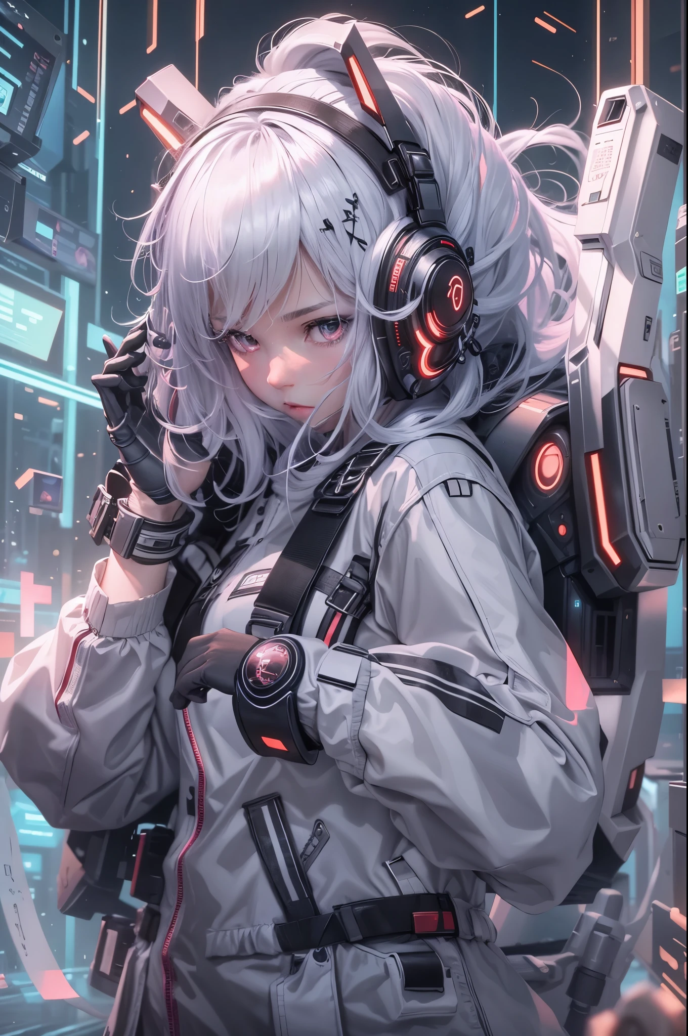 1girl,Future technology clothing，（White latex tights：1.3），（Luminous array lights on clothes），Soft light，Mechanical belt，（high-tech weapon：1.3），Future technology hair bundle，Android，Super Soldier，dynamic poses，shooting，Holographic screen background，Super stunning graphics，super wide shot，best quality，masterpiece，8k，Unreal 5 rendering，High chiaroscuro，