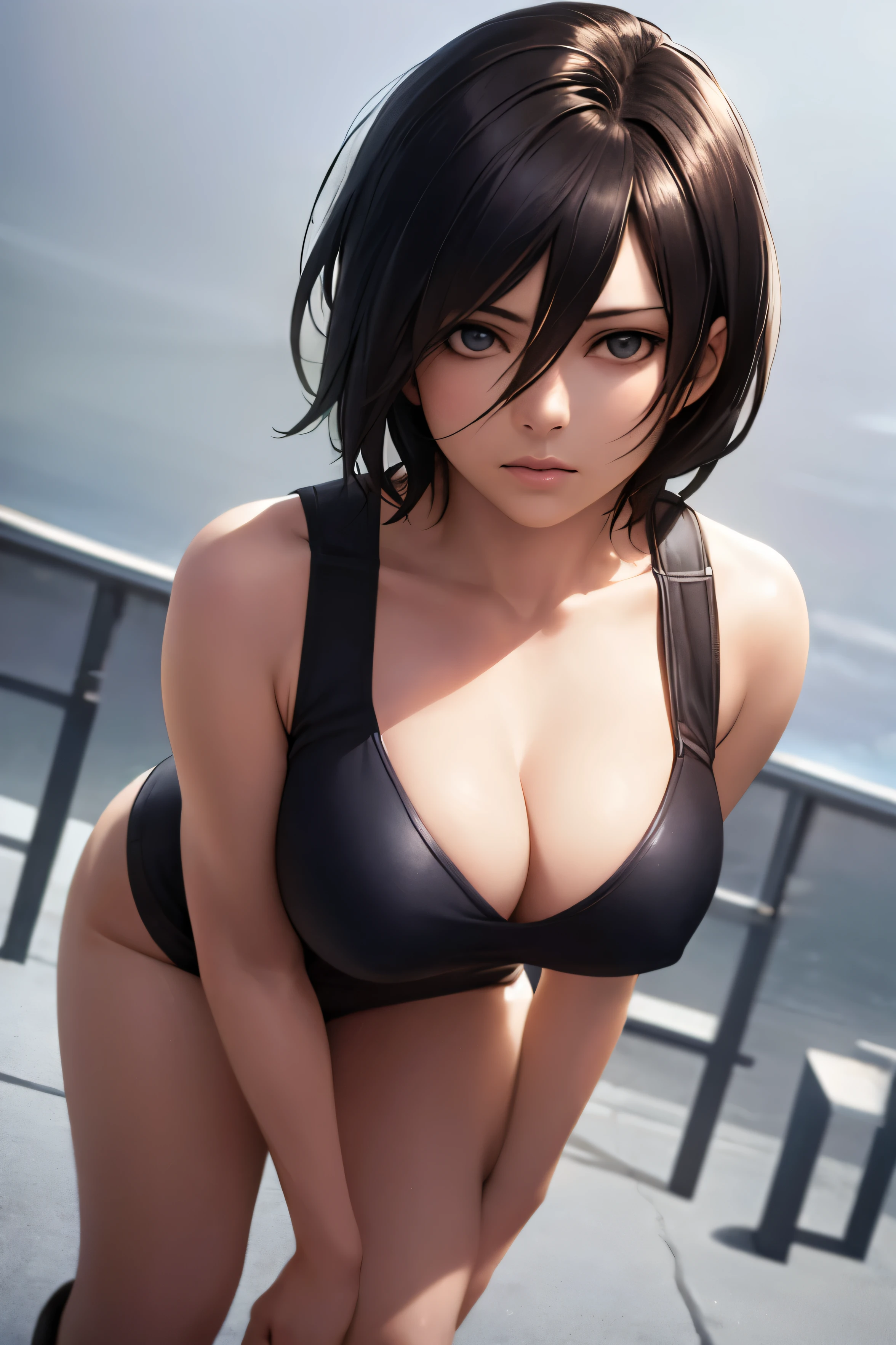 ((best quality)), ((masterpiece)), ((Realistic)), mikasa ackerman, short hair, beautifull, high angle, dynamic