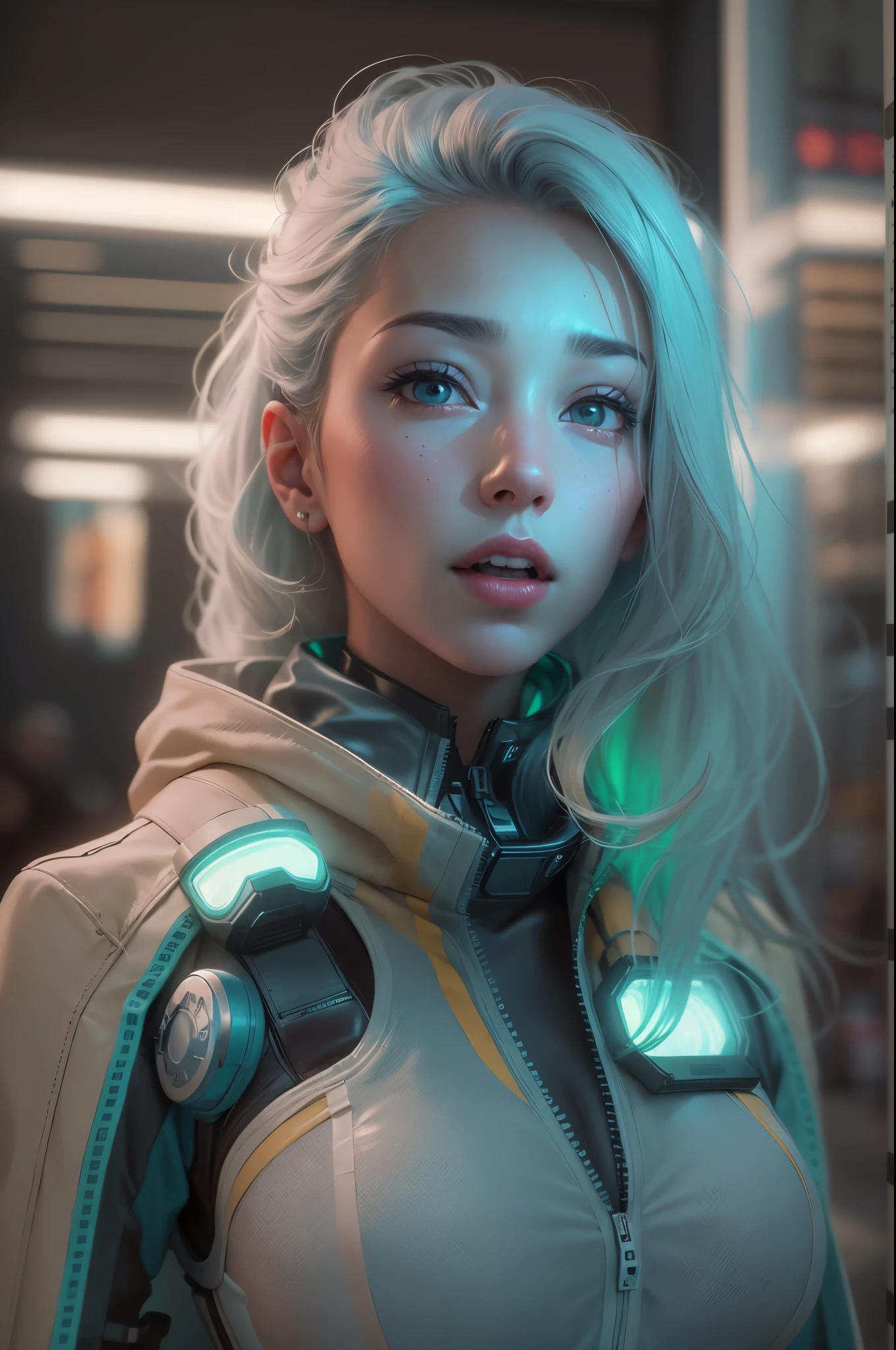 1girl,Future technology clothing,(White latex tights:1.3),(Luminous array lights on clothes),Soft light,Mechanical belt,(high-tech weapon:1.3),Future technology hair bundle,Android,Super Soldier,dynamic poses,shooting,Holographic screen background,Super stunning graphics,super wide shot,best quality,masterpiece,8k,Unreal 5 rendering,High chiaroscuro,