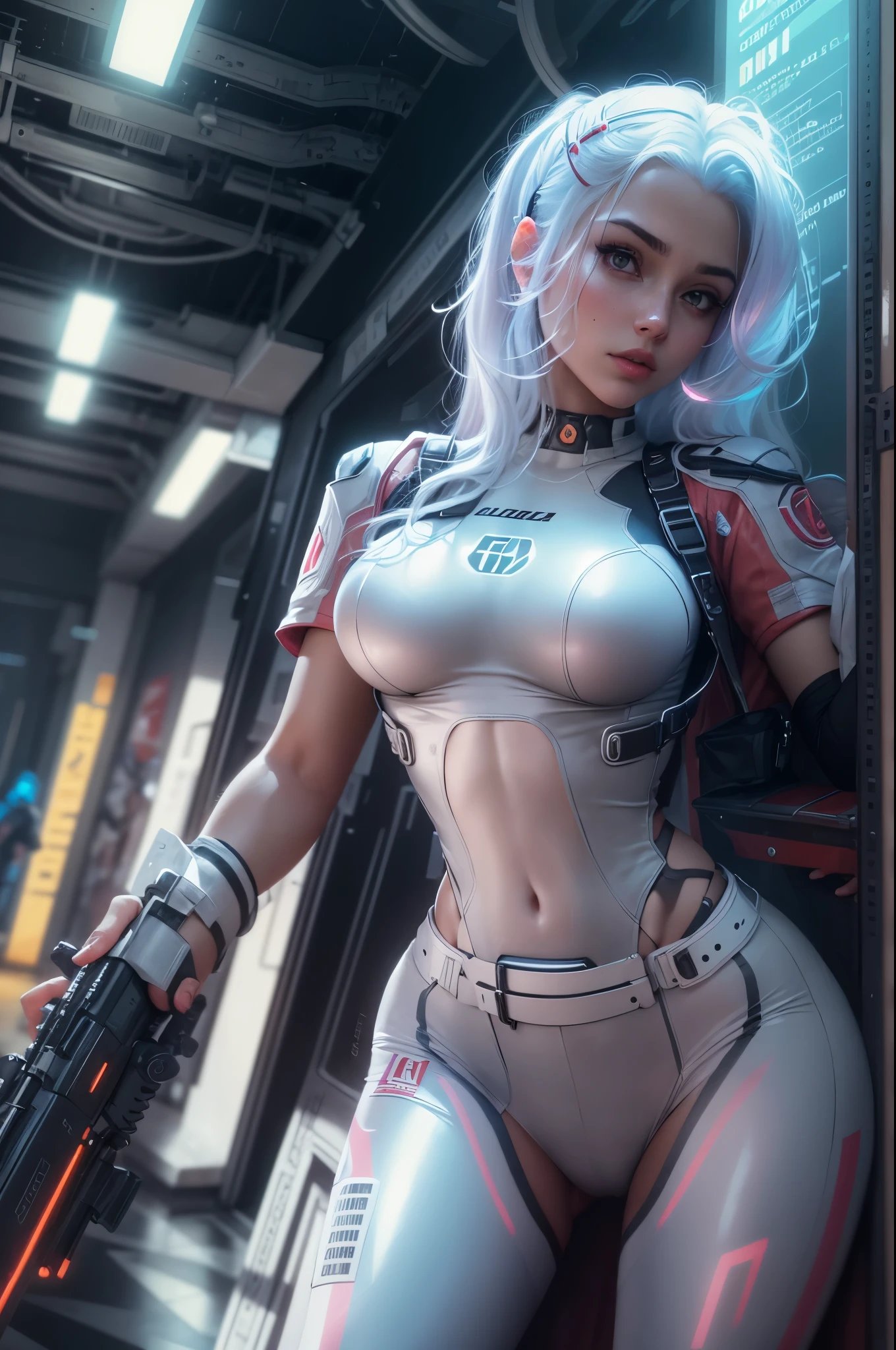 1girl,Future technology clothing，（White latex tights：1.3），（Luminous array lights on clothes），Soft light，Mechanical belt，（high-tech weapon：1.3），Future technology hair bundle，Android，Super Soldier，dynamic poses，shooting，Holographic screen background，Super stunning graphics，super wide shot，best quality，masterpiece，8k，Unreal 5 rendering，High chiaroscuro，