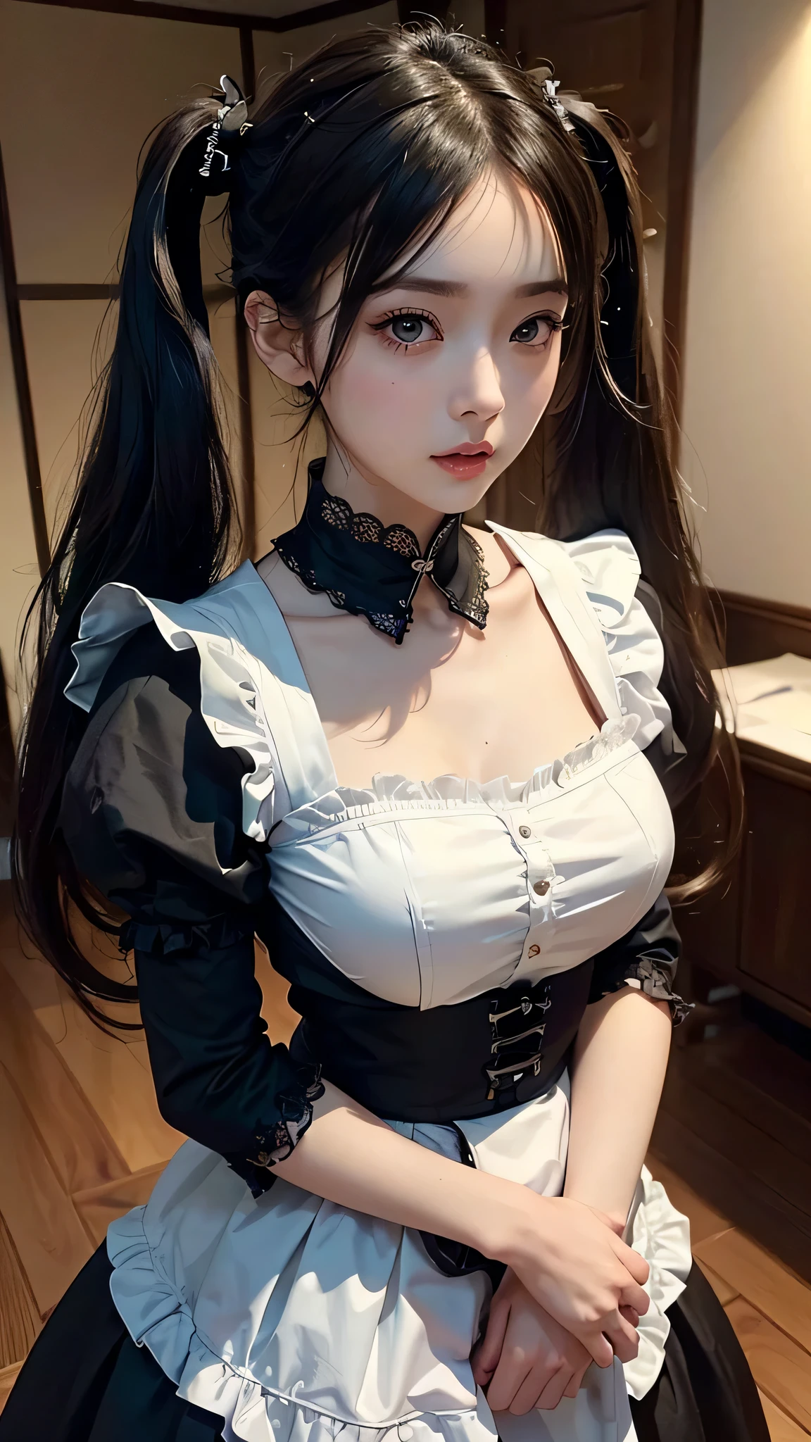 ((top-quality、in 8K、​masterpiece:1.3, Photorealsitic:1.4, underground room, Realistic human skin)), standing, full body, Japanese high school  girl, 1 female, A dark-haired, With bangs, Medium-sized breasts, ((Gothic ta, maid clothes, twintails hairstyle, Black eyes)), Highly detailed facial and skin texture, A detailed eye, Detailed lips、Highly detailed hair depiction, Natural makeup:1.2