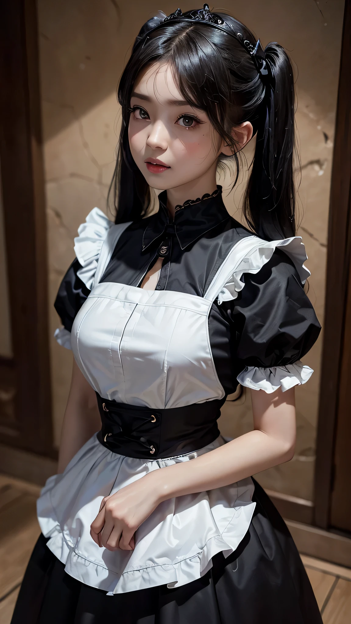 ((top-quality、in 8K、masterpiece:1.3, Photorealsitic:1.4, underground room, Realistic human skin)), standing, full body, Japanese high school girl, 1 female, A dark-haired, With bangs, Medium-sized breasts, ((Gothic ta, maid clothes, twintails hairstyle, Black eyes)), Highly detailed facial and skin texture, A detailed eye, Detailed lips、Highly detailed hair depiction, Natural makeup:1.2