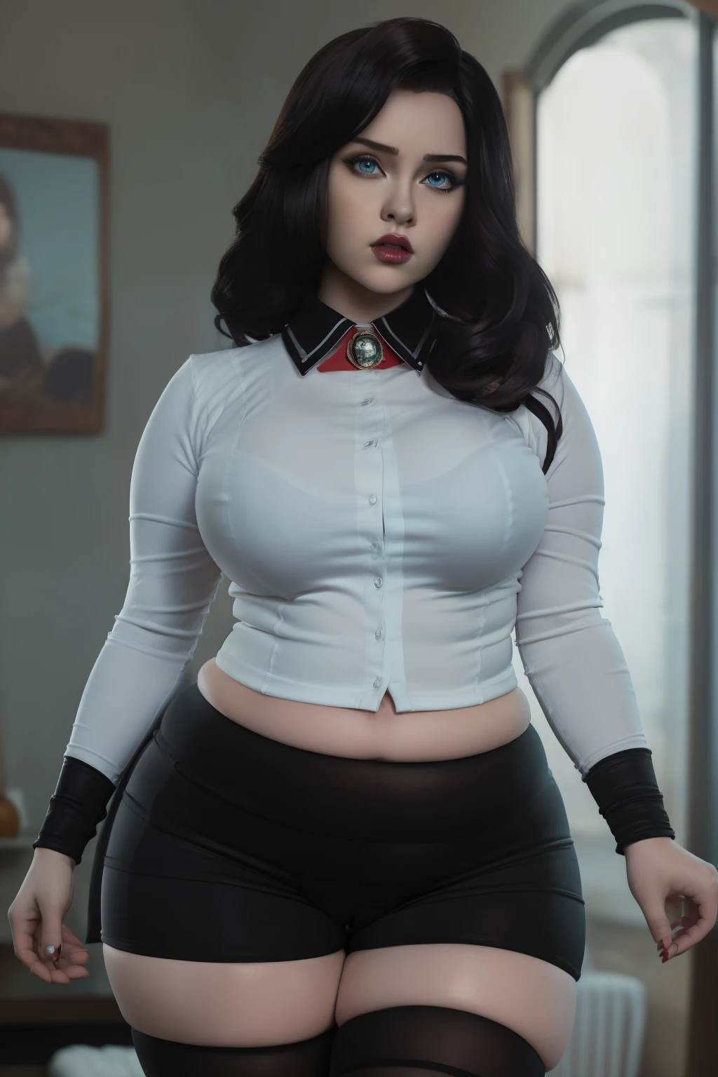 masterpiece, (photorealistic), (8k wallpaper) , (best quality), perfect quality, solo, (detailed eyes), girl, Elizabeth, very beautiful, worried, young, face : (make up, young, very beautiful face, very thin face, small smile, very beautiful, cute face, young, big eyes) , figure: ( very full body, big breasts, very full figure, very thicc, very thick, very chubby, very chubby belly, navel, wide waist, very soft, very curvy, love handles, fat rolls, belly rolls, sexy curves, sexy pose, sexy, muffin top, very thick thighs, thunder thighs) , clothes : (tight black miniskirt, white tight shirt, tight uniform, black tights)