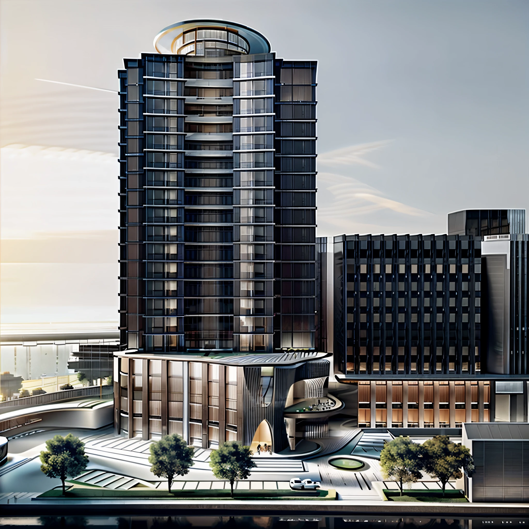 a rendering of a tall building with a clock on top of it, mantra rendering, rendering of checkmate, CTV, digital rendering, detailed rendering, architectural rendering, 建筑rendering, rendering, perspective, Front view, 3 / 4 views, 3/4 views, conceptual rendering, present, front perspective, sharp hq rendering, radiosity rendering,Environment rendering，Light luxury,High compulsion,Authentic style, 