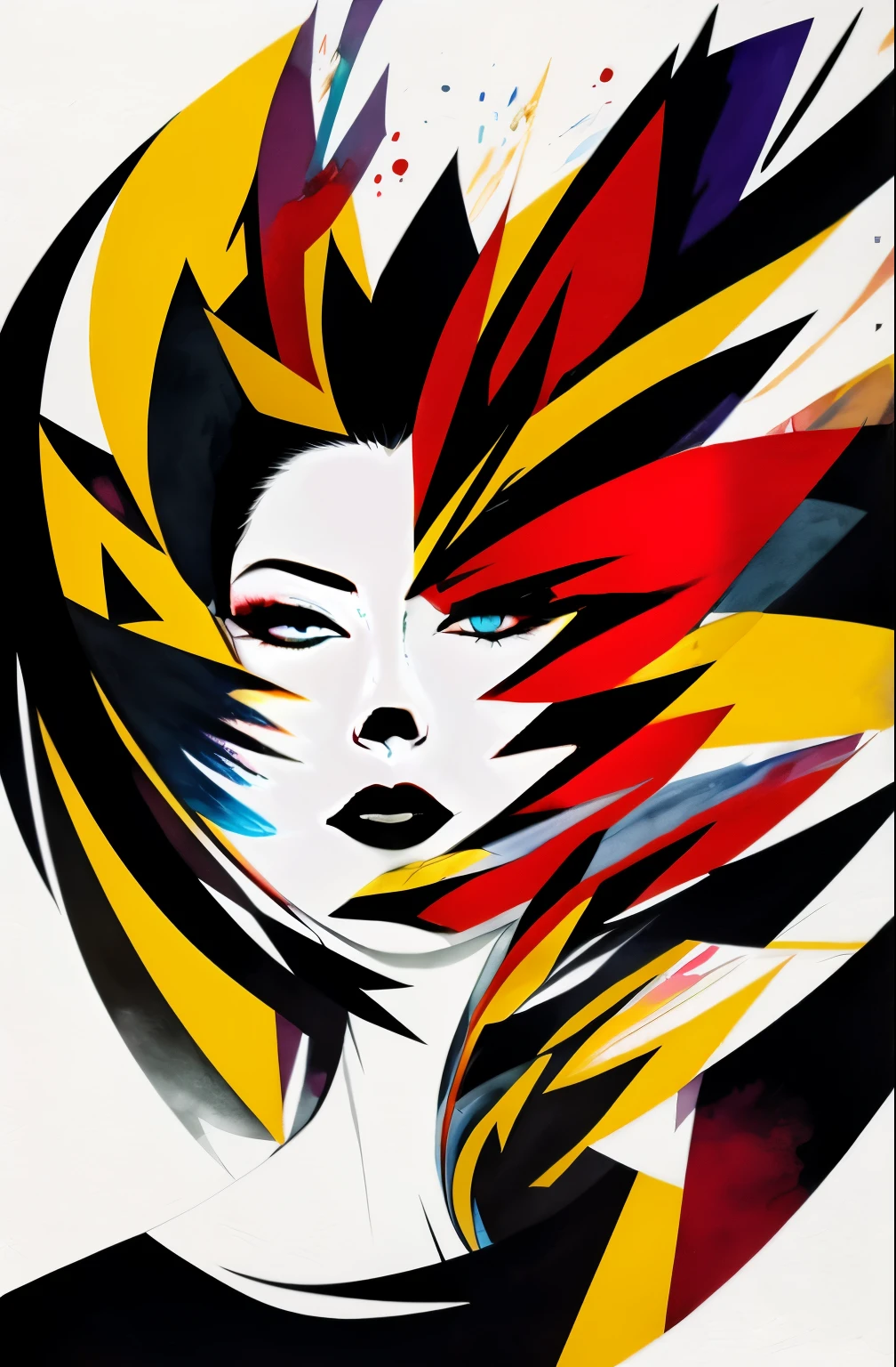 painting of a woman with a black and white face, Sylvia Pelissero watercolors, tumbler, abstract art, Intense watercolor painting, watercolor detailed art, Watercolor Splash, surreal, Avant-garde pop art, Beautiful and expressive paintings, Beautiful artwork illustration, very colorful tones, wonderful, cool beauty, highest quality,official art, women only, sharp outline, best shot, vector art, Written by Sandra Chevrier, Dave McKean、by Richard Avedon、Written by Makiezi Kusiala