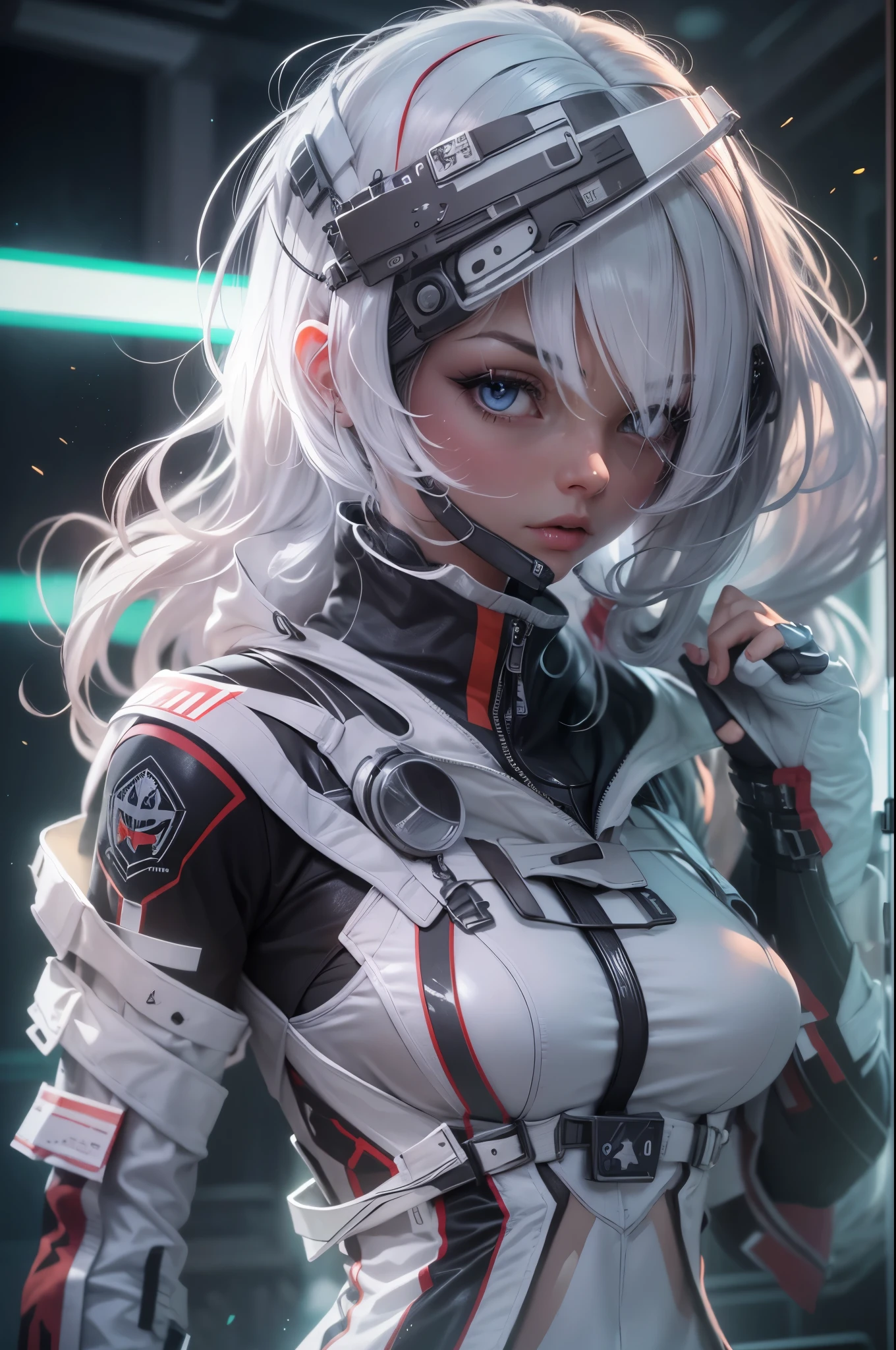 1girl,Future technology clothing,(White latex tights:1.3),(Luminous array lights on clothes),Soft light,Mechanical belt,(high-tech weapon:1.3),Future technology hair bundle,Android,Super Soldier,dynamic poses,shooting,Holographic screen background,Super stunning graphics,super wide shot,best quality,masterpiece,8k,Unreal 5 rendering,High chiaroscuro,