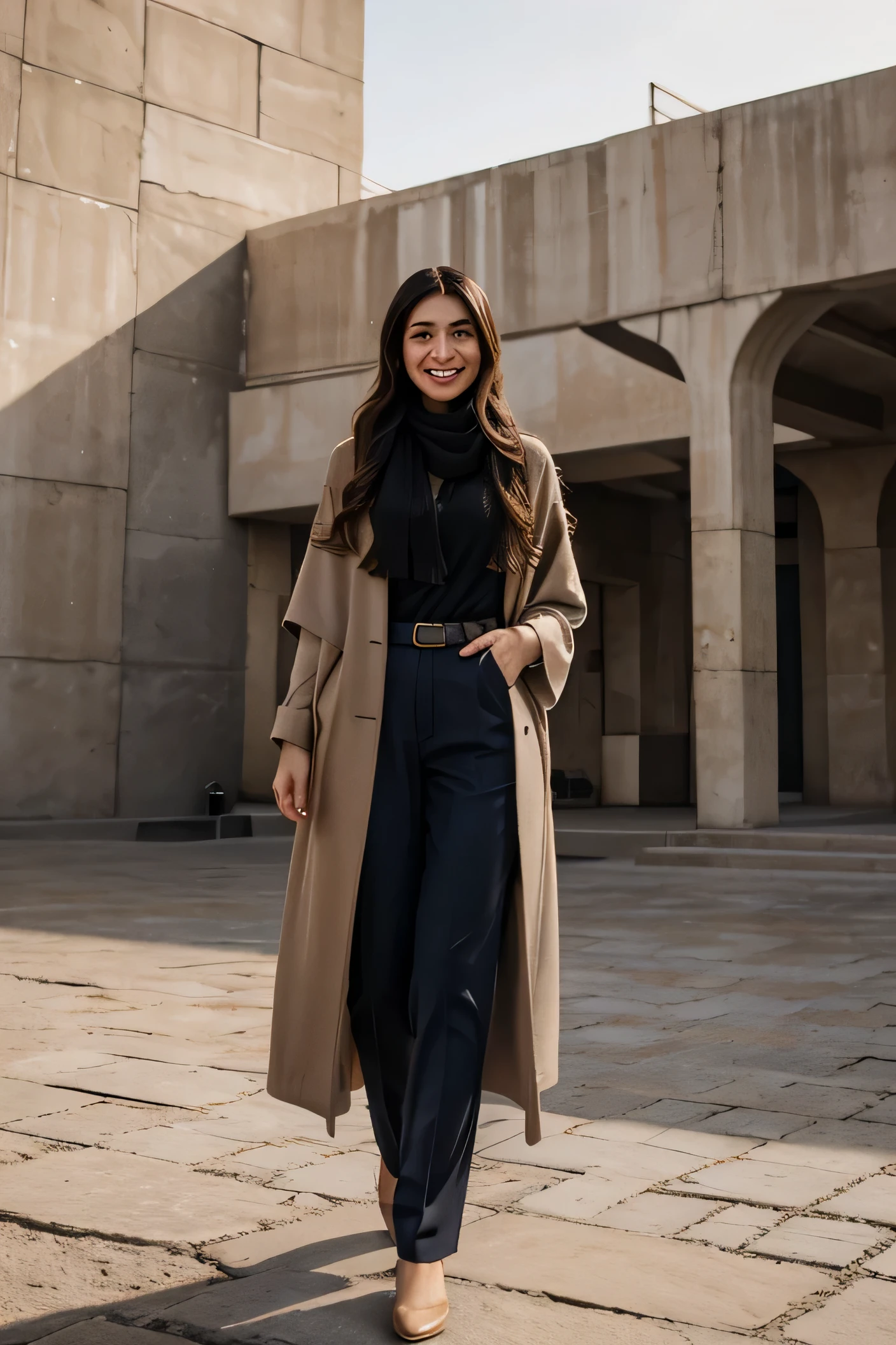 super realistic girl posing in front of perspolis in iran ,wearing shawl on hair, max mara style over coat daylight ,Wide-leg trousers , long slim legs , winter style , longshot picture, iphone photography style, smiling , 2024 style,