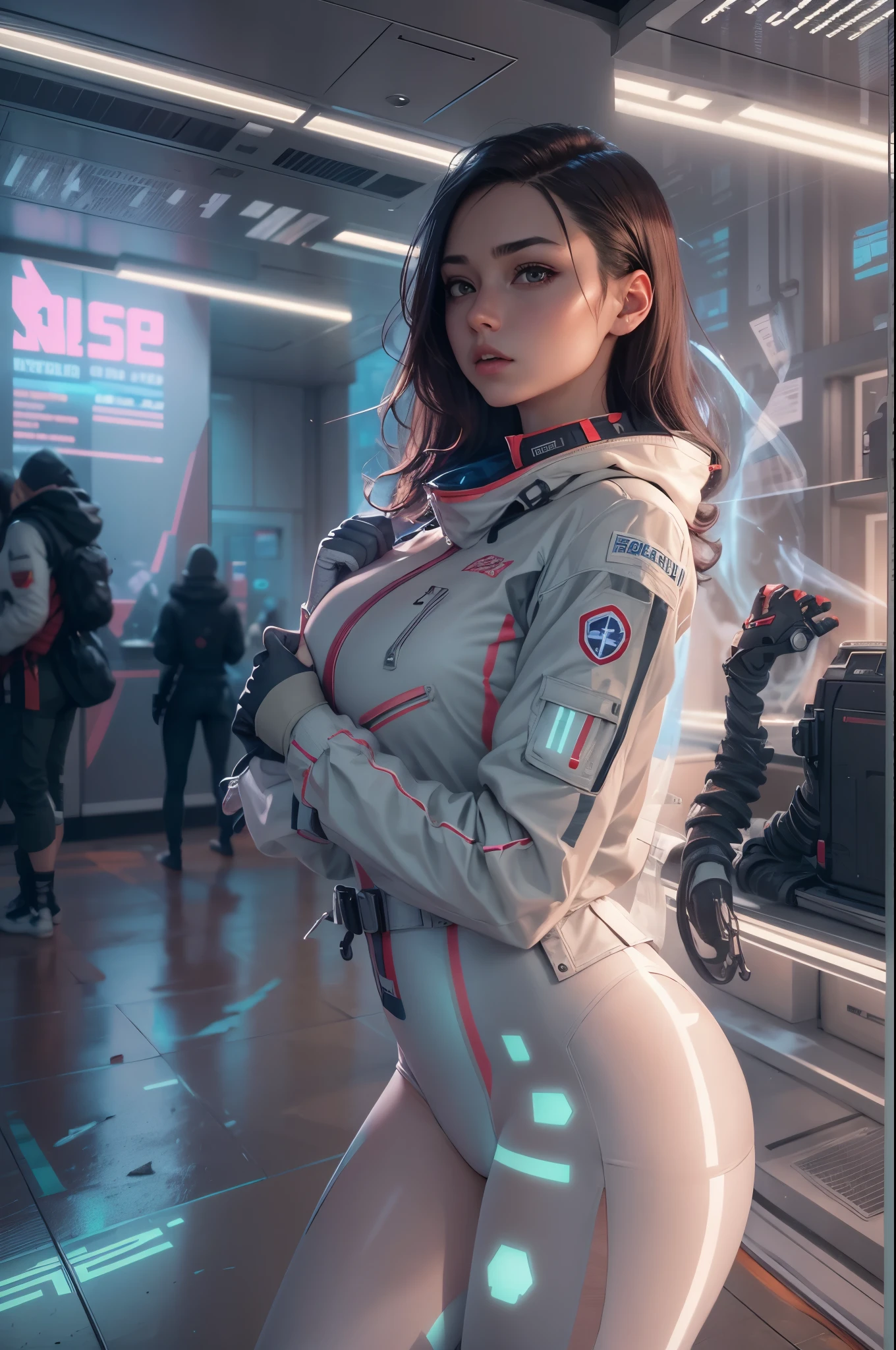 1girl,Future technology clothing,(White latex tights:1.3),(Luminous array lights on clothes),Soft light,Mechanical belt,(high-tech weapon:1.3),Future technology hair bundle,Android,Super Soldier,dynamic poses,shooting,Holographic screen background,Super stunning graphics,super wide shot,best quality,masterpiece,8k,Unreal 5 rendering,High chiaroscuro,
