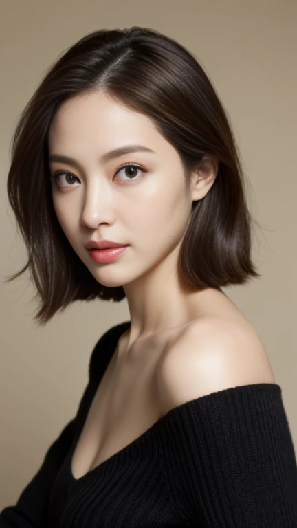 ((Angelina Sole)),((highest quality, 8K, masterpiece : 1.3)), sharp focus : 1.2, beautiful woman with perfect figure : 1.4, slim abs : 1.2, ((dark brown hair)), (Natural light, city street : 1.1), Highly detailed face and skin texture, fine eyes, double eyelid、((professional makeup:1.3))、((sexy milf:1.3))、thick lips、lip gloss、eye make up、Downcast eyes、Black sweater、Bare skin、Right shoulder、Her room、