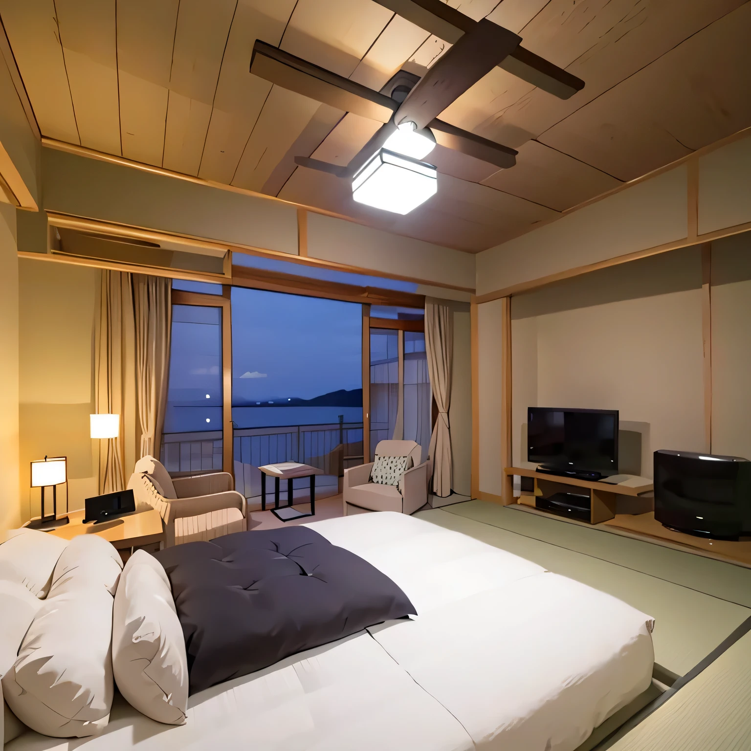 best quality, ultra-detailed, illustration,
ryokan, scenery, television, table, couch, sky, indoors, cloud, window, pillow, lamp, chair, night, night sky, starry sky,
bed, cushion, curtains, realistic,