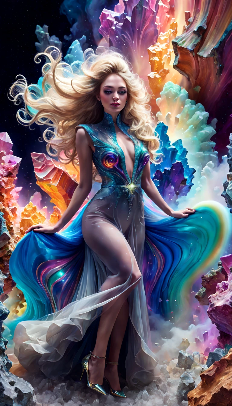 Romance lies, Hyper HD, impersonal, mysterious, Full body image of a beautiful and charming young woman., flawless face, Endless, ultra-long blonde hair, flowing around her, Blown away by the wind, (A light rainbow-colored smoke floated around her body.) like a luxurious outfit ((Created with liveliness and brilliance, smooth private parts, Billowing smoke and colorful cosmic nebulae gently swirl.)), in the background ((Stunning crystals and colorful minerals: 1.6)), Fantasy Art, Realistic photos, hyperrealism, which is very detailed, Popular topics on artstationh, Focus sharply, best shadow, best qualityที่ดีที่สุด, dynamic elements, studio photo, complicated details, original, Simulation, SLR digital camera, smile, cinema, Surrealism, Contemporary Art, movie light, Ray Tracing, god rays, 16k, UHD, best quality, height, High quality, The surface is textured., Masterpiece