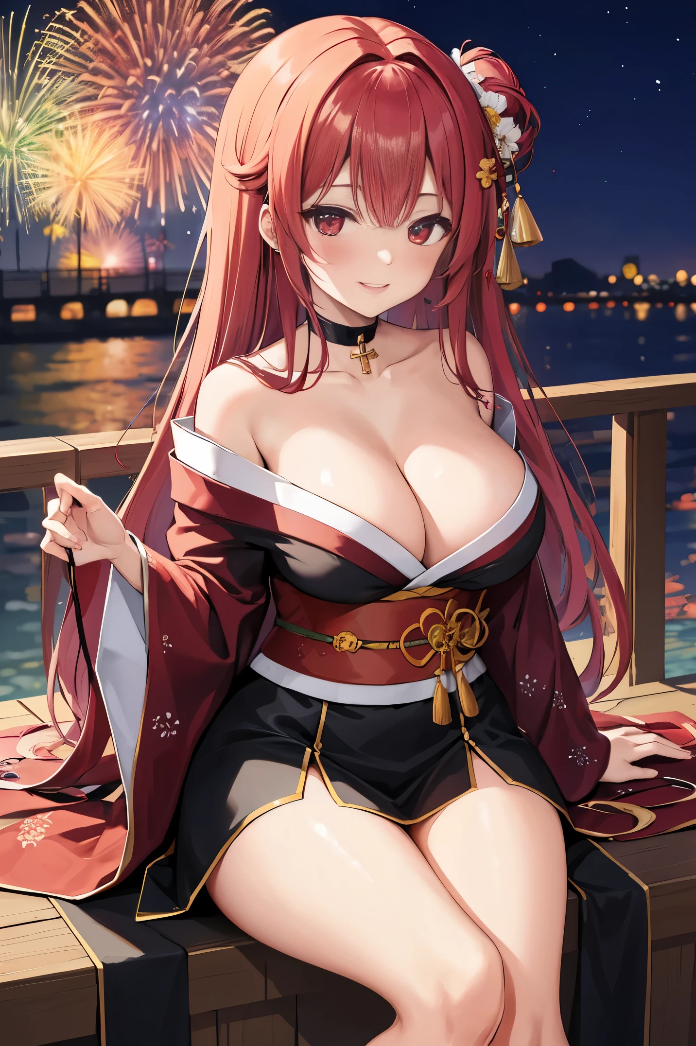 "anime girl, 1 person, red hair, shoulder length hair, dark red eyes, wearing flower hairpin, female kimono, red kimono with gold border pattern, big breasts, long stockings, blushing smile, standing still cross-legged, solo, view from different angles, festival, New Year's Eve fireworks, fireworks viewing, night (full HD 4K+ image)"